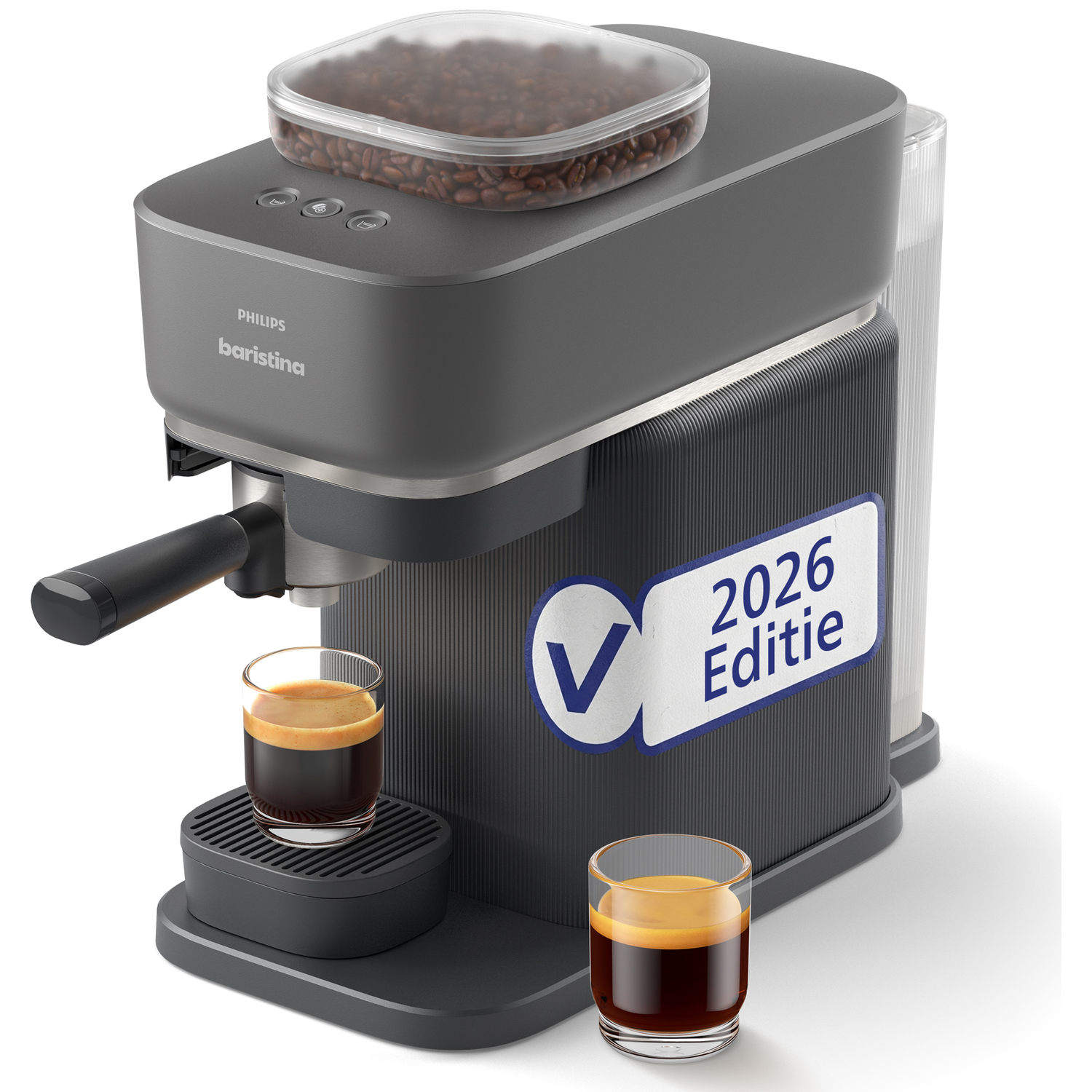 Een Philips Baristina koffiezetapparaat met twee espresoglazen en een bonenreservoir.