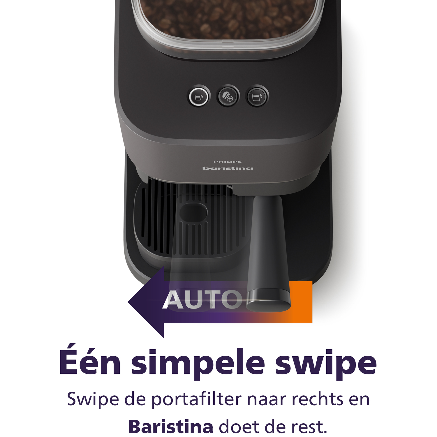 Koffiezetapparaat met bonenreservoir, display en uitloop. Pijl wijst naar AUTO.