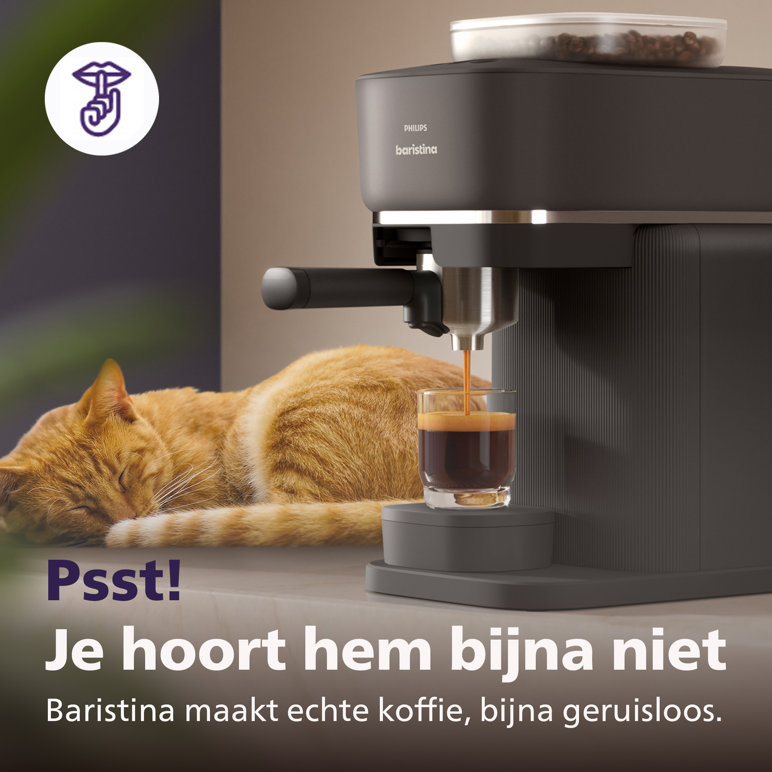 Een kat slaapt naast een koffiezetapparaat dat espresso zet.