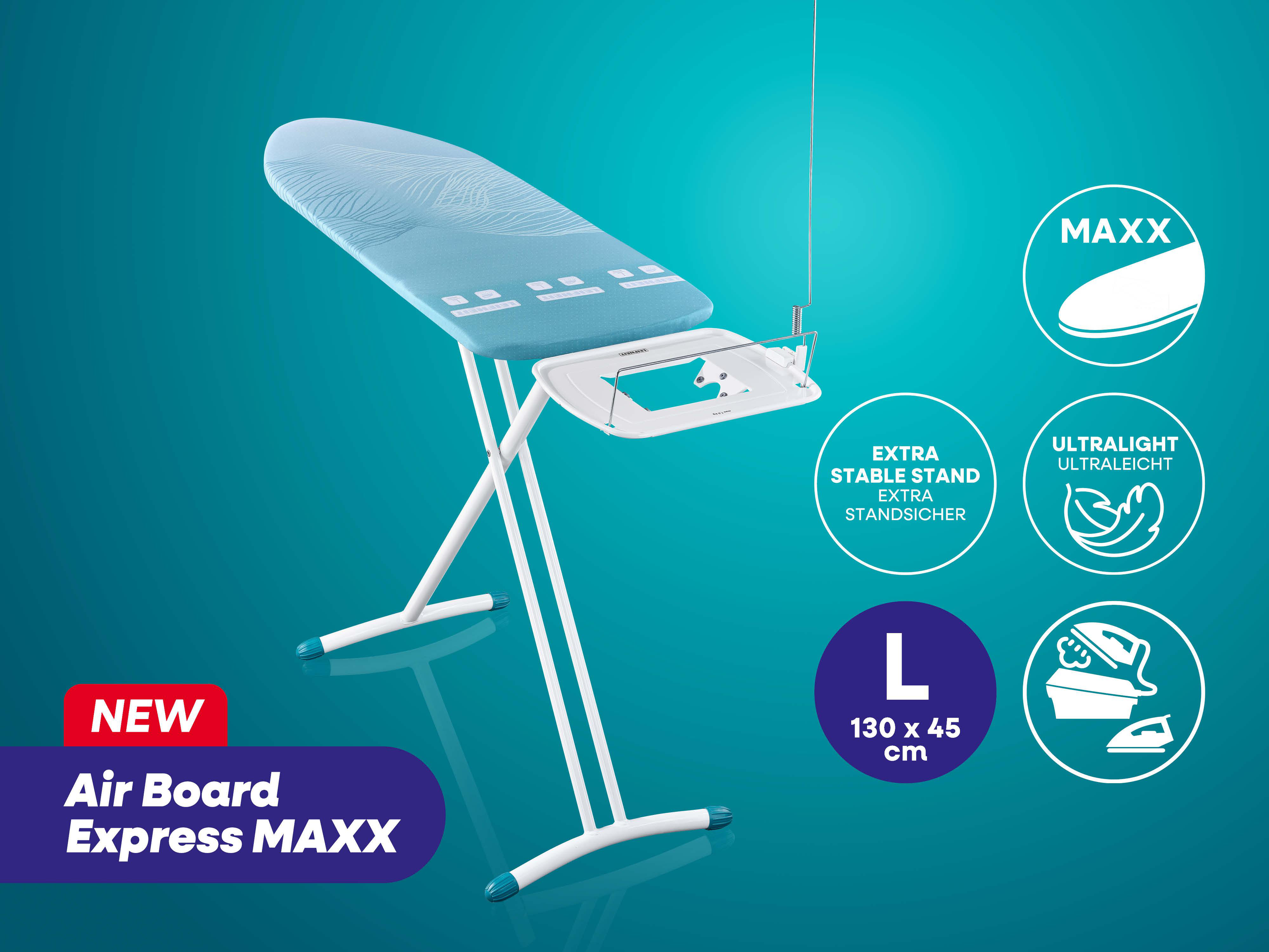 Bügeleisenbrett "Air Board Express MAXX" mit blauer Oberfläche und weißem Ständer.