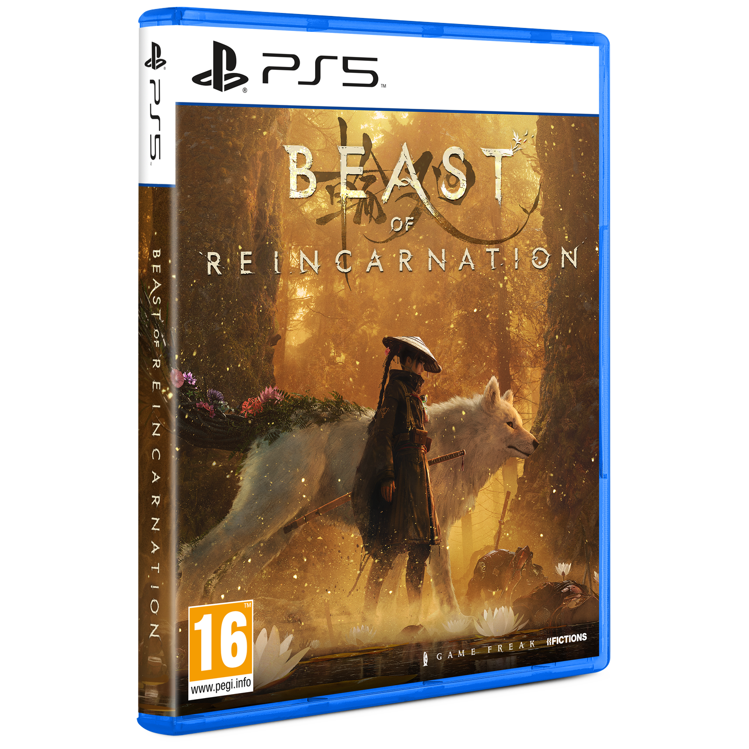 PS5 game cover: A person in a hat and a white wolf stand in a magical forest.