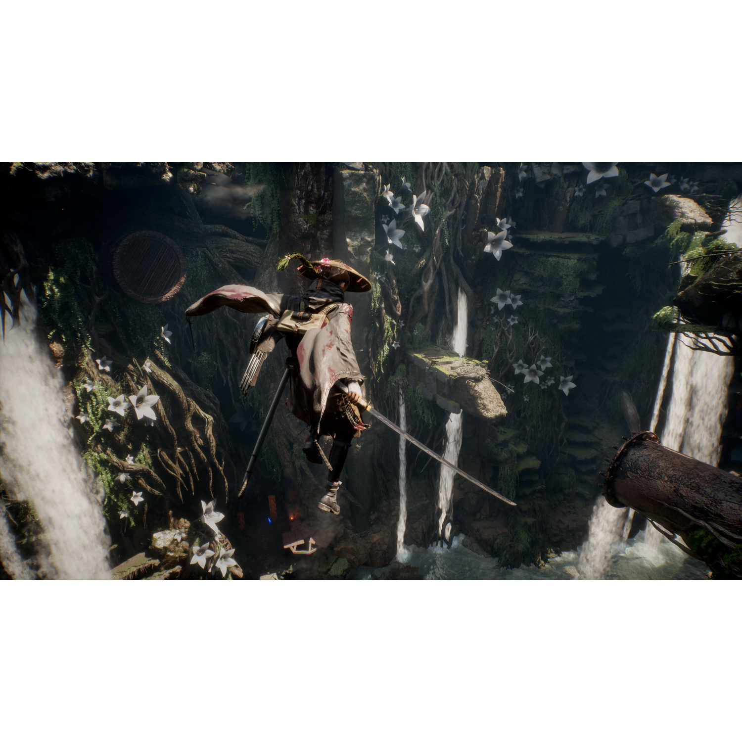 A warrior in mid-air with a sword in a lush forest with waterfalls.
