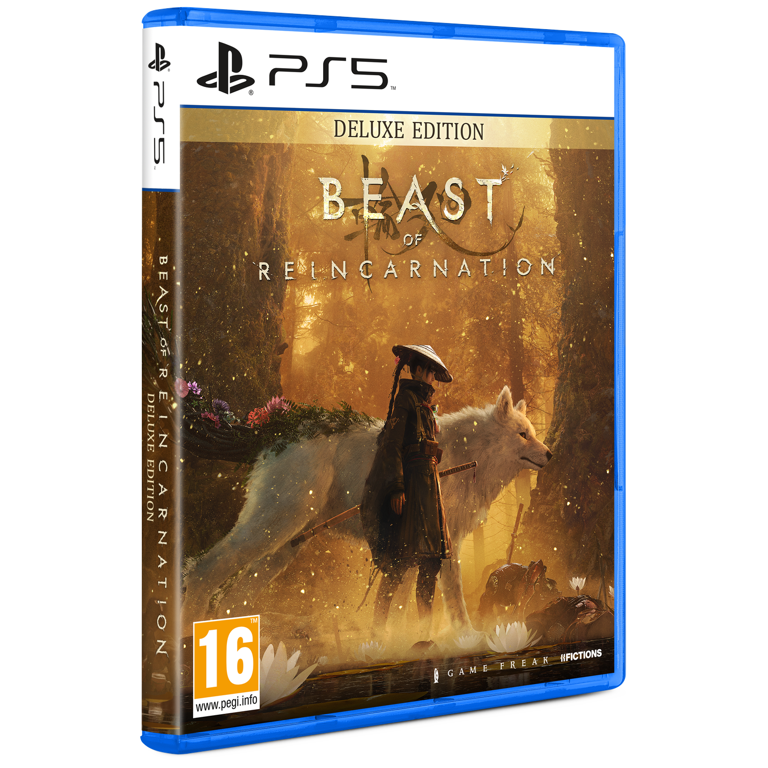 PS5 game cover: A person with a hat and a white wolf in a forest setting.
