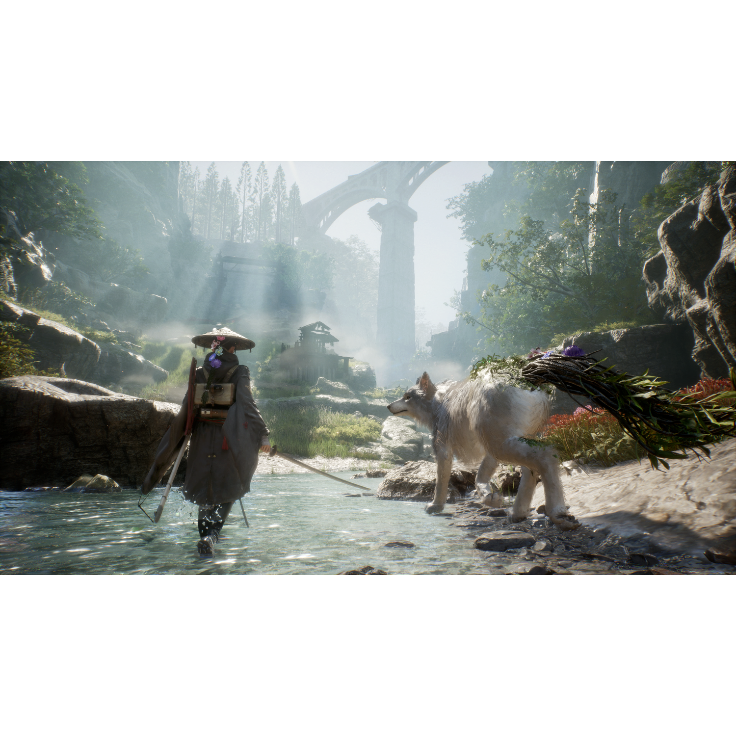 A person in a conical hat walks in a stream, with a white wolf nearby.