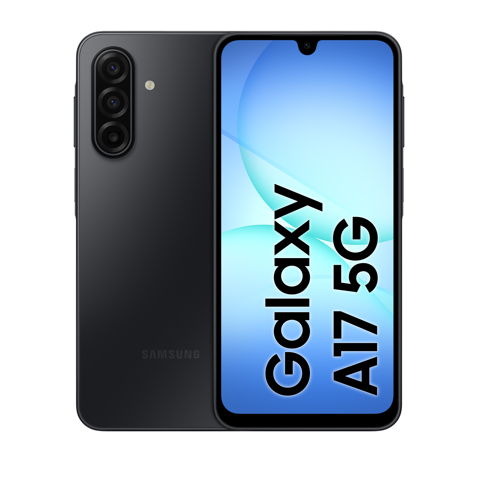 Ein schwarzes Samsung Galaxy A17 5G Smartphone mit drei Kameras auf der Rückseite.