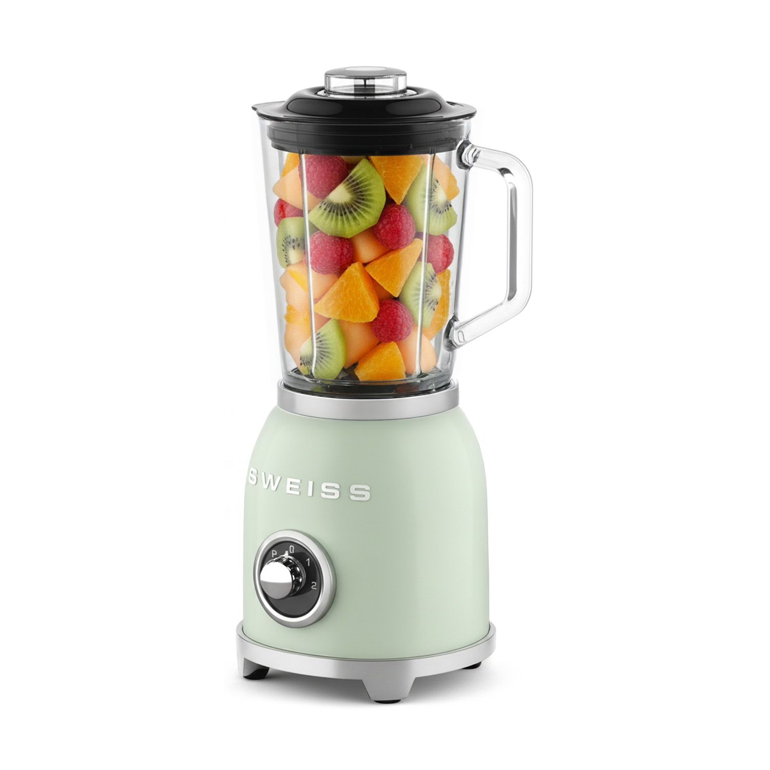 Un frullatore verde chiaro con un barattolo di vetro riempito di frutta tagliata come kiwi, bacche e melone.