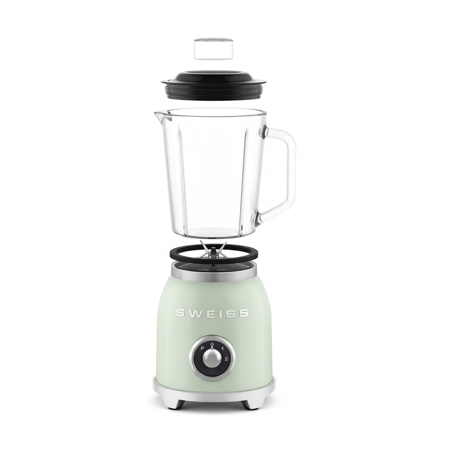 Un frullatore verde chiaro con barattolo di vetro, coperchio nero e misurino.
