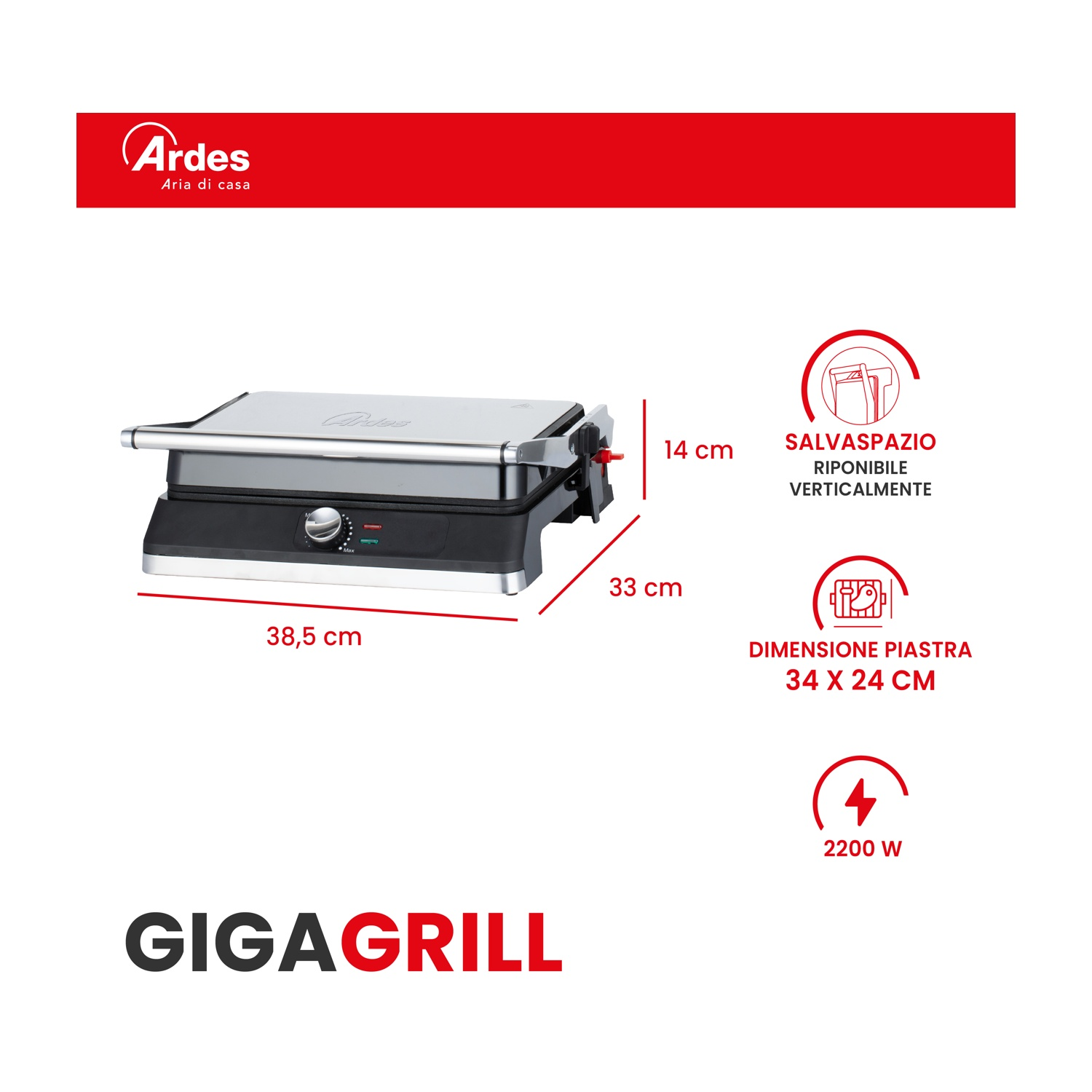 Una piastra grill chiusa argento e nera di 38,5x33x14 cm.