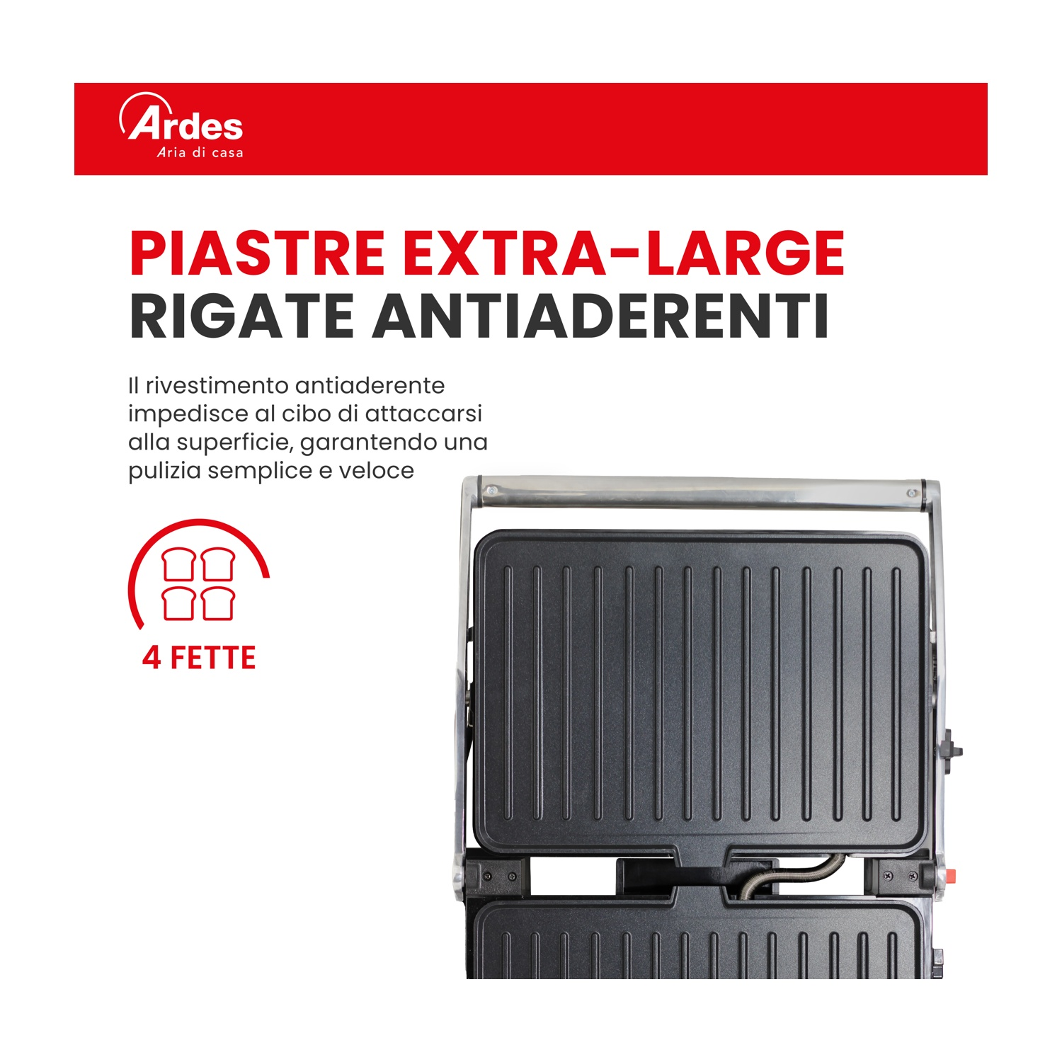 Grill Ardes per 4 fette, rigato, antiaderente. Sfondo bianco.