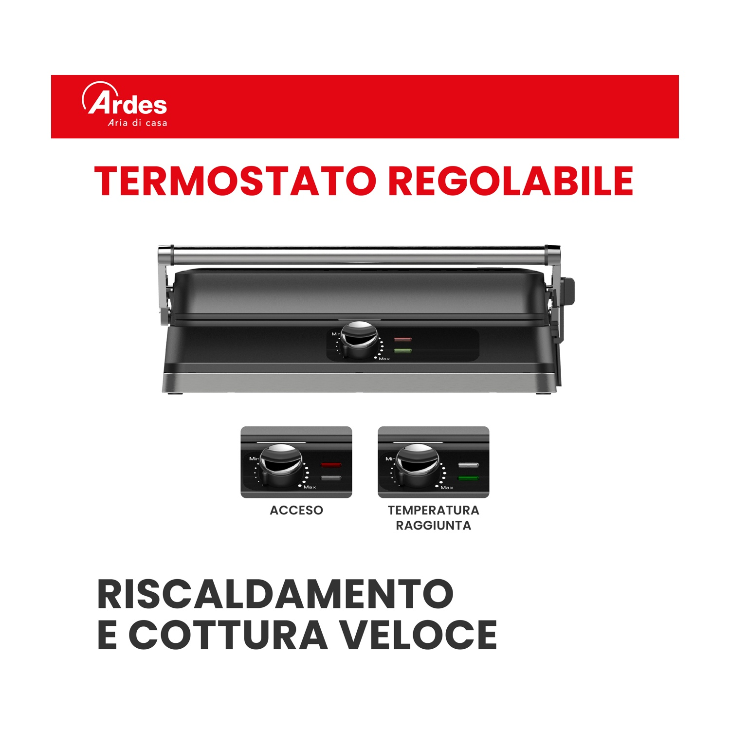 Un grill nero con controllo temperatura e indicatori "ACCESO" e "TEMPERATURA RAGGIUNTA".