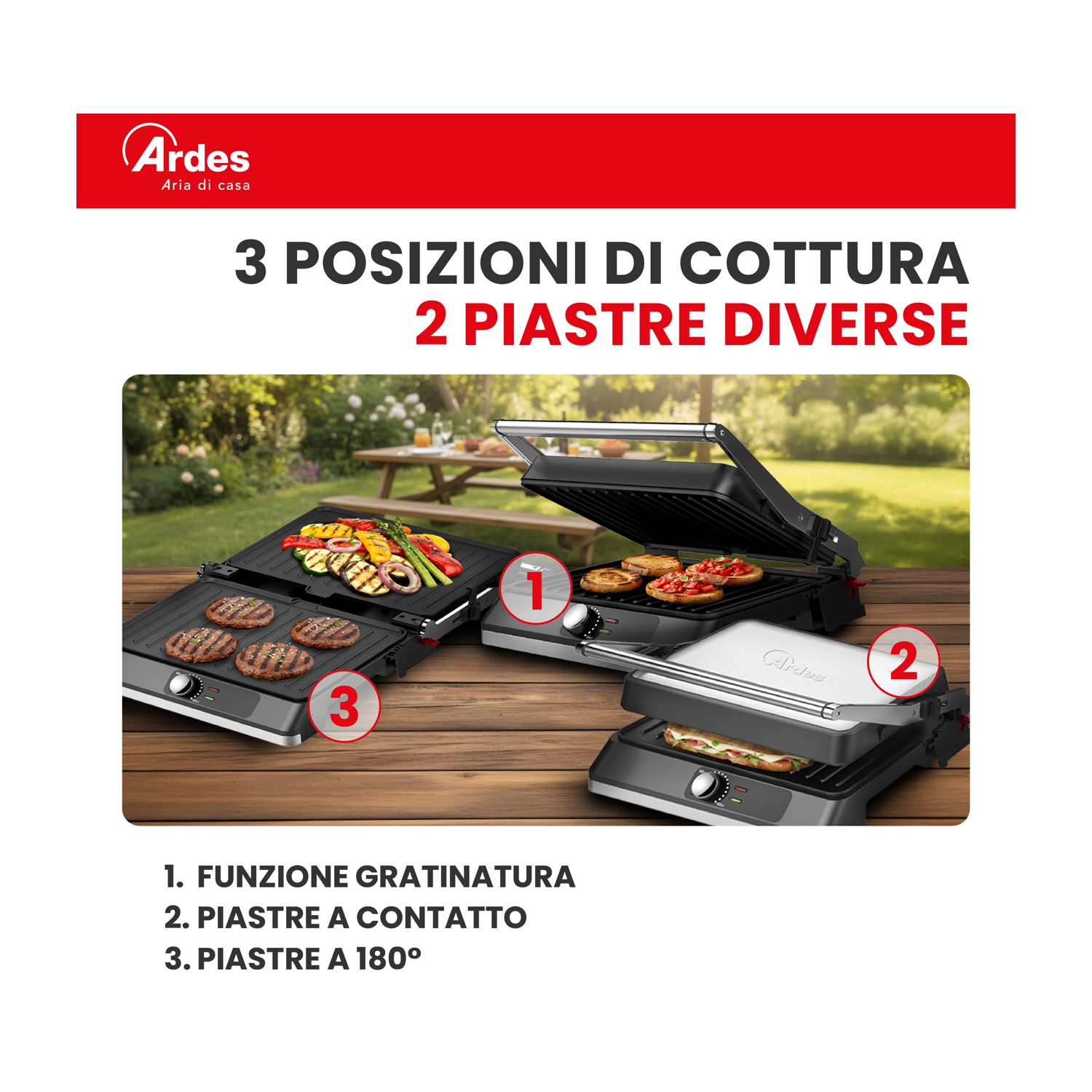Tre griglie di contatto all'aperto: una con hamburger, una con verdure, una con sandwich.