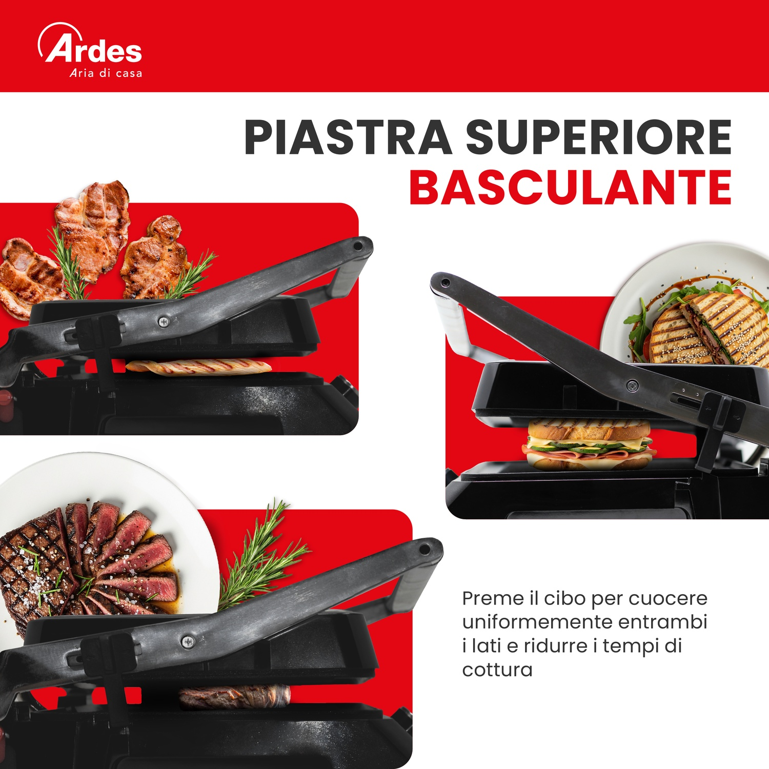Grill con carne, sandwich e steak. Piastra superiore basculante.