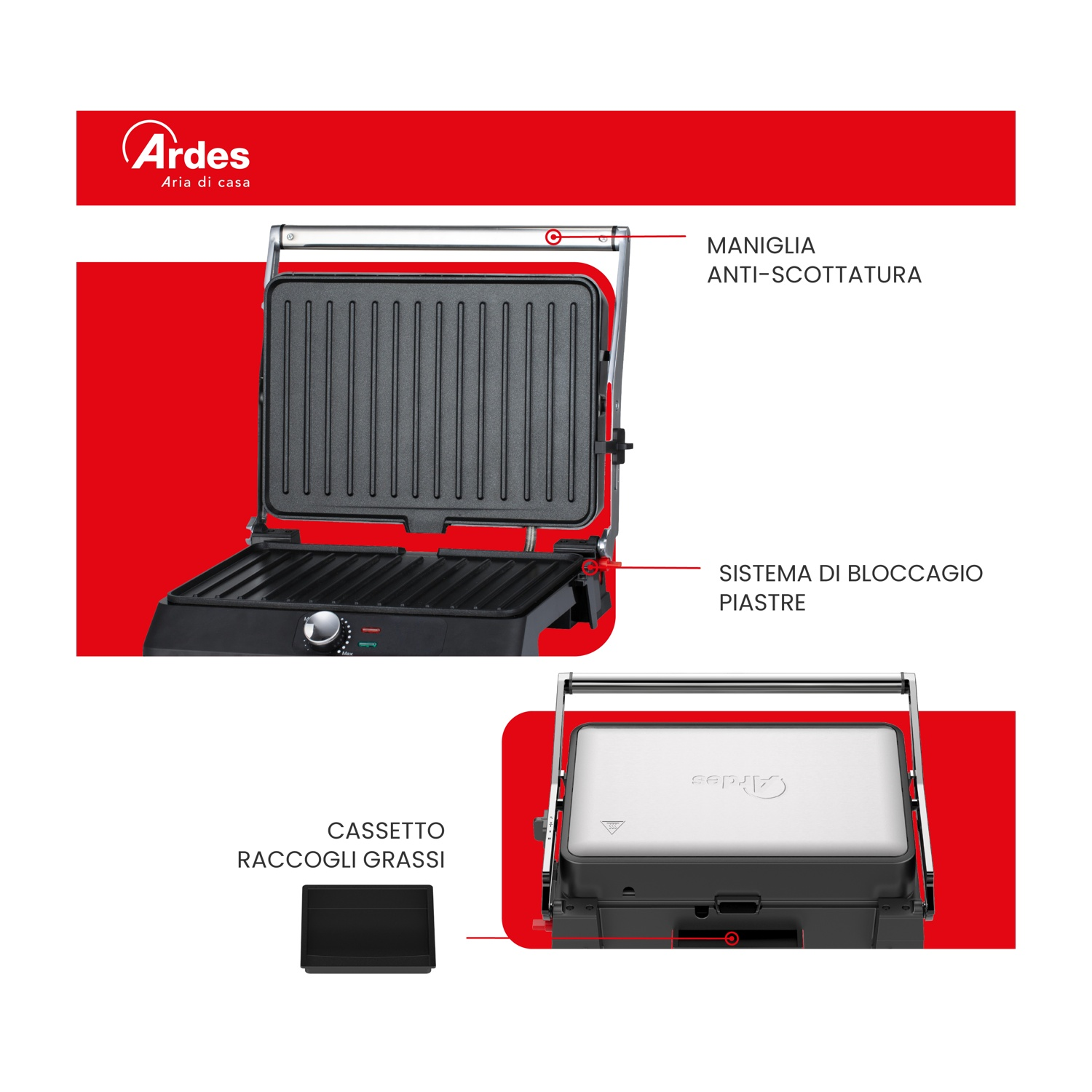 Grill a contatto nero aperto con logo Ardes. Cassetto raccogli grassi.