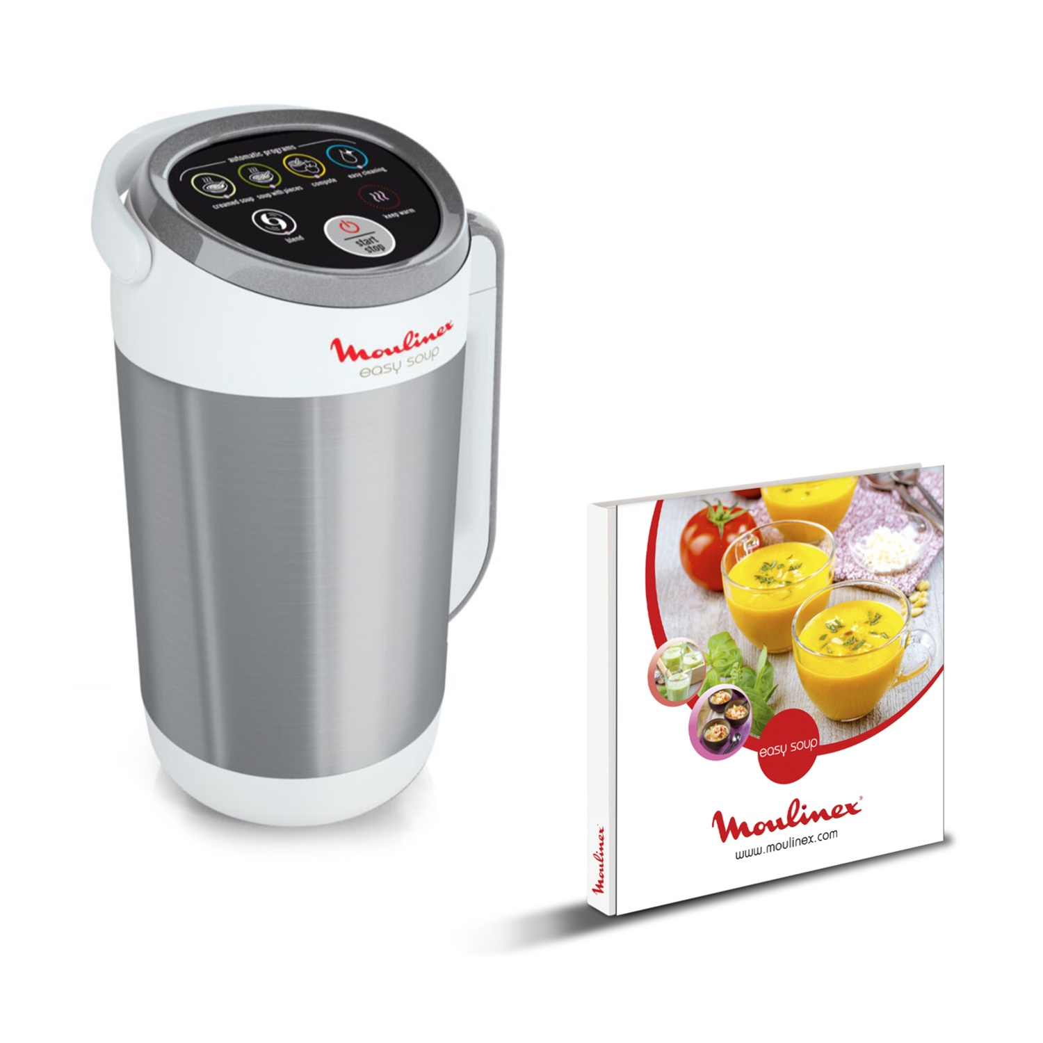 Un preparatore Moulinex Easy Soup argentato accanto a una brochure del prodotto con ciotole di zuppa.