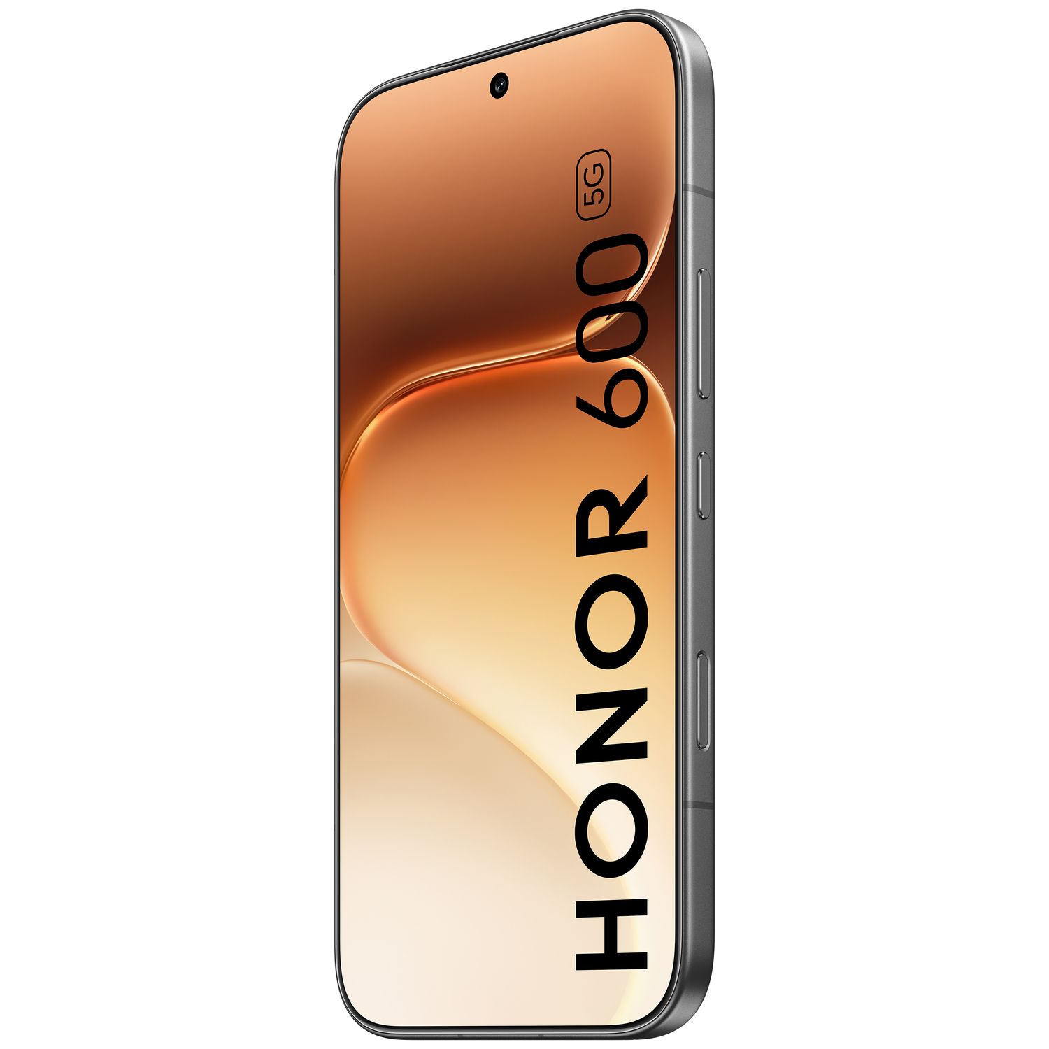A silver Honor 600 5G smartphone with a bronze-colored background.