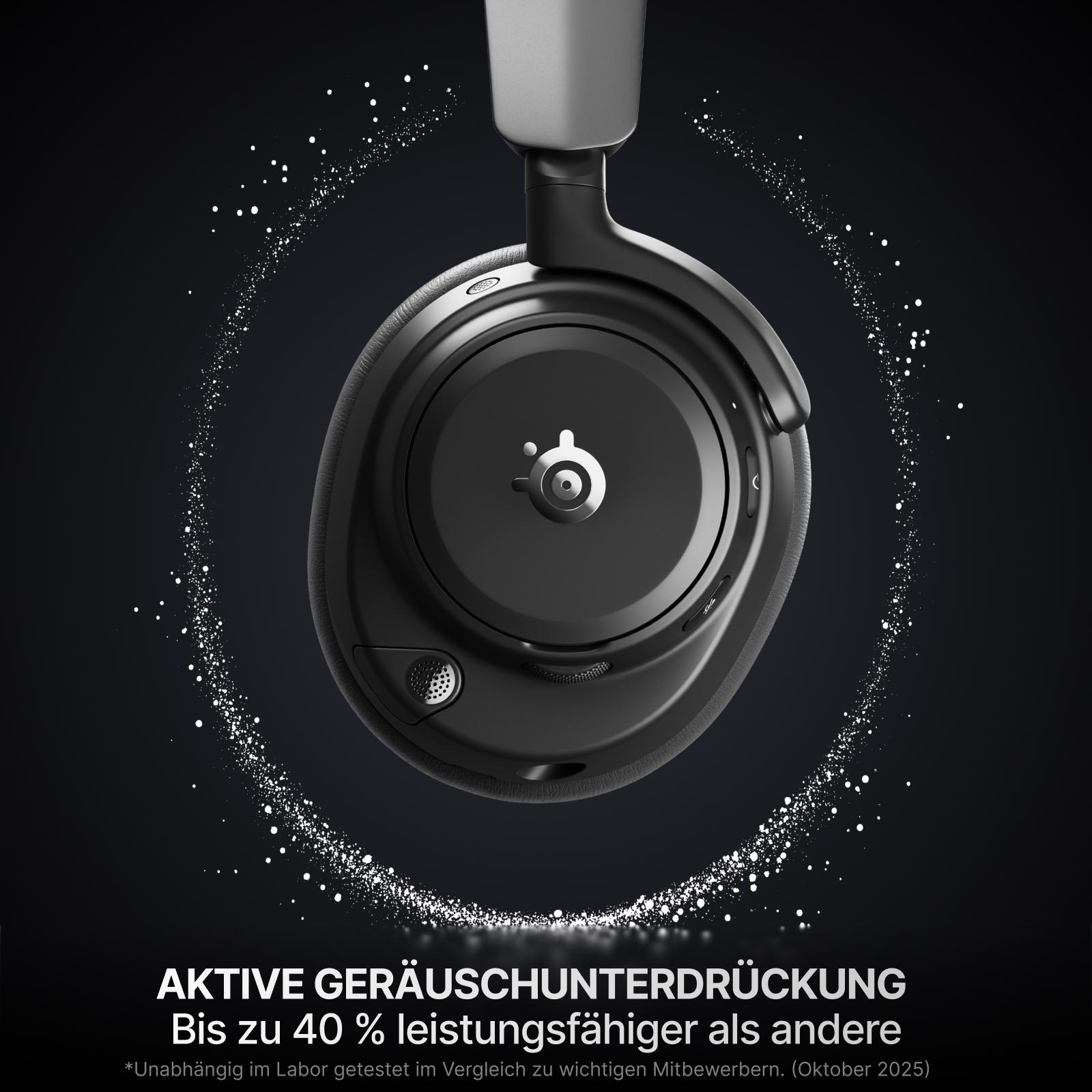 Schwarze Kopfhörer mit aktiver Geräuschunterdrückung, umgeben von Lichtpartikeln.