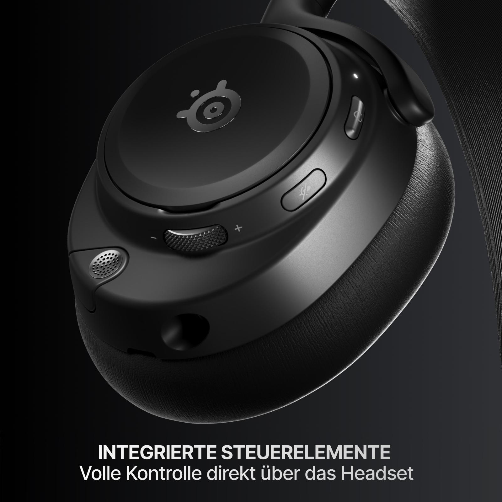 Schwarze Kopfhörer mit SteelSeries-Logo und Lautstärkereglern. Text: Integrierte Steuerelemente.