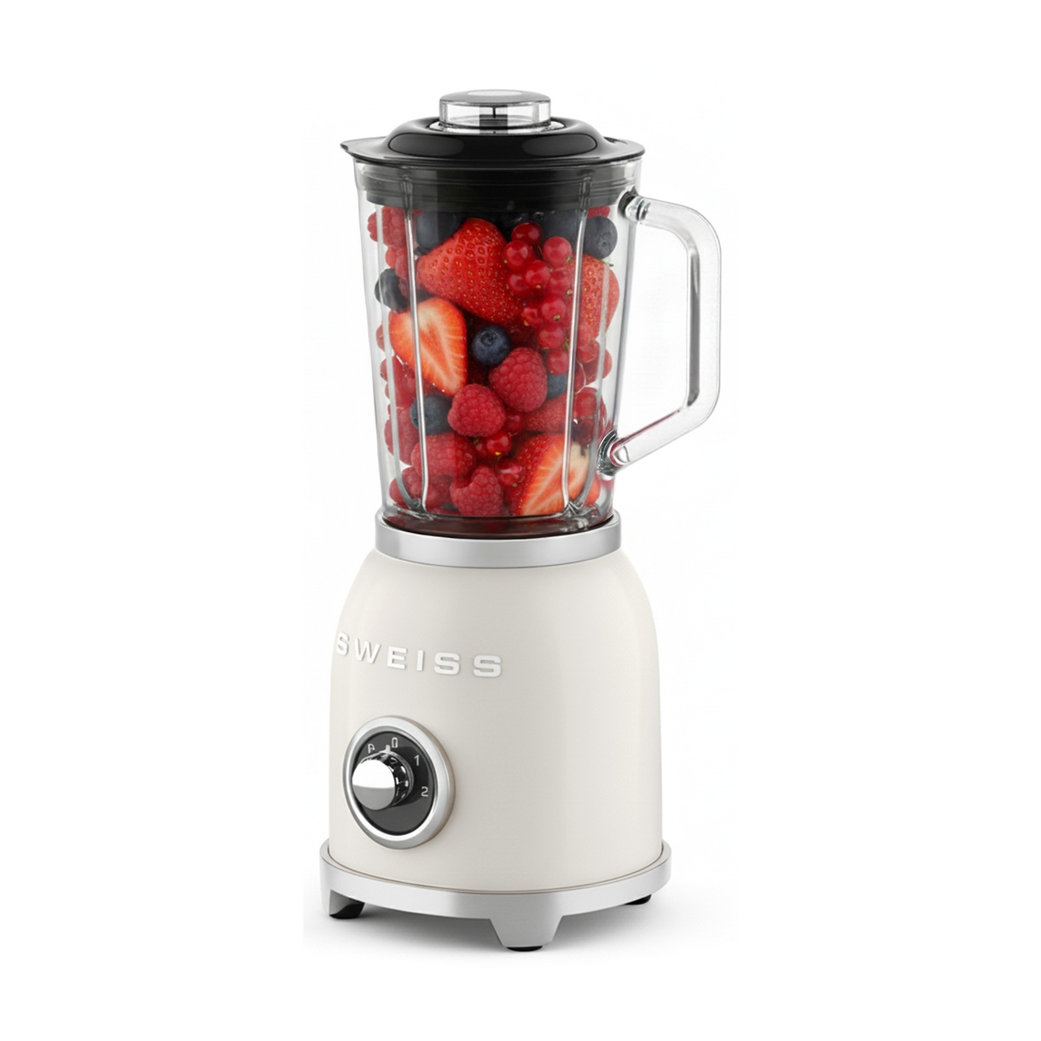 Un frullatore color crema con un barattolo di vetro riempito con fragole, lamponi, mirtilli e ribes rossi.