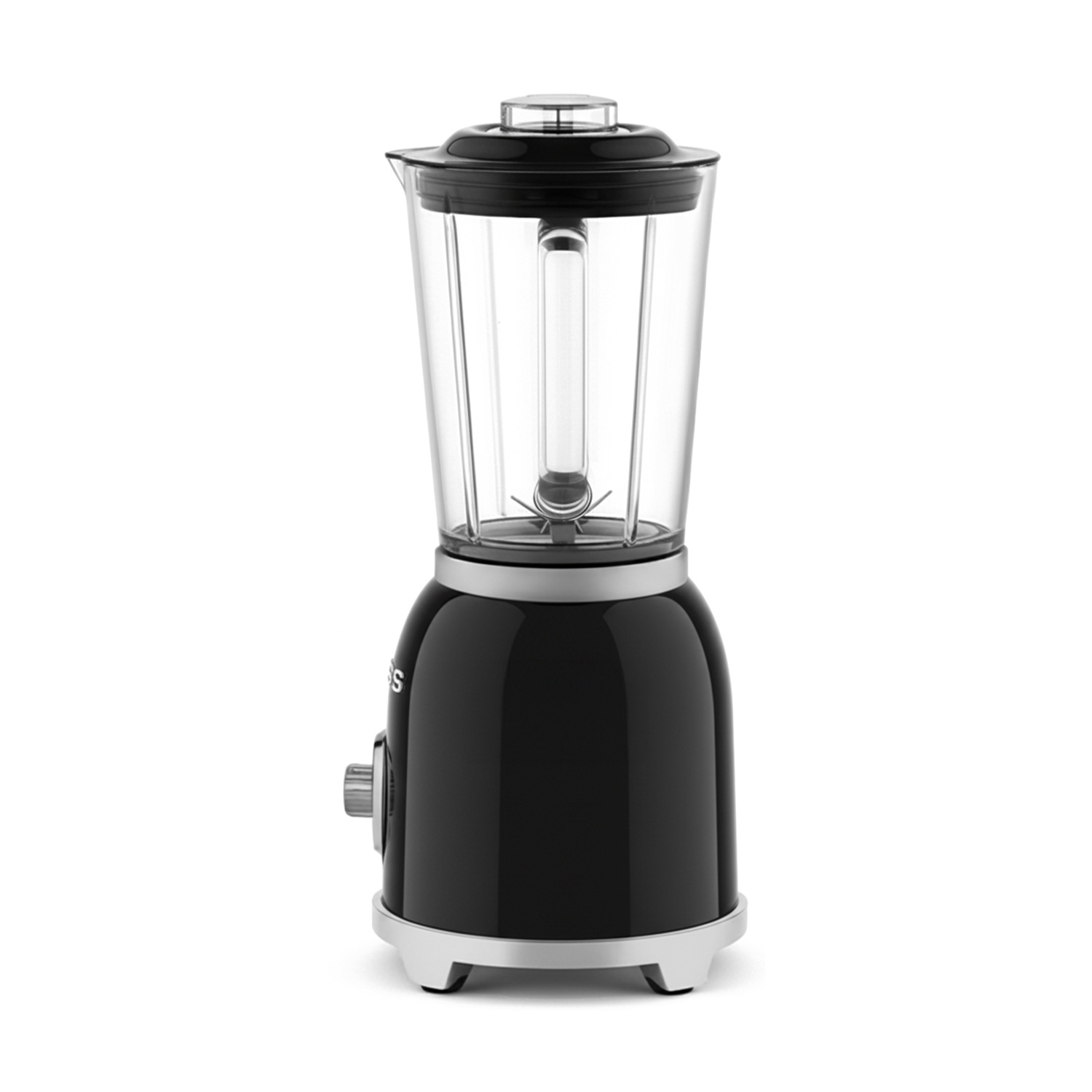 Un frullatore nero con caraffa in vetro e accenti argentati su sfondo bianco.