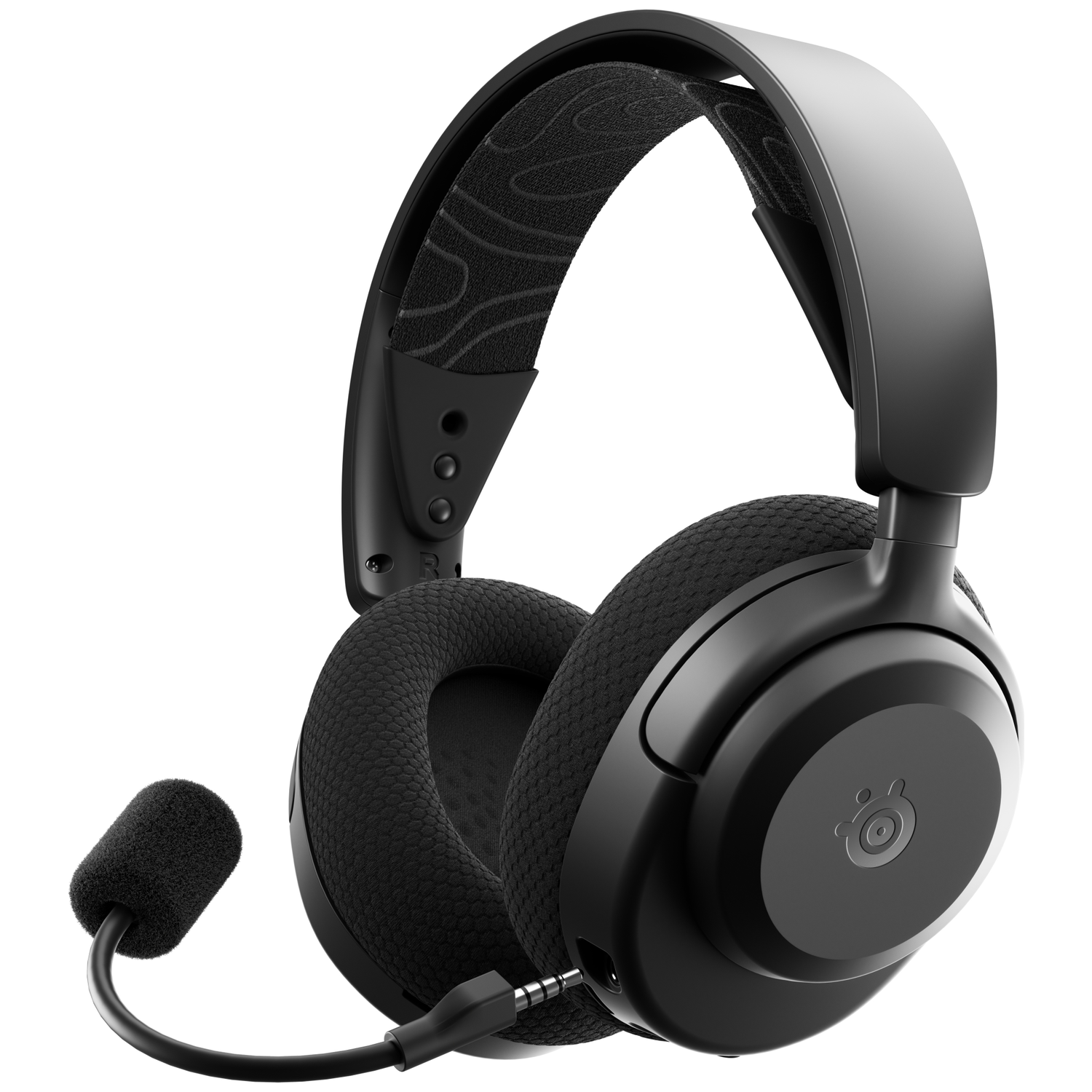 Black gaming headset with microphone and fabric earcups on a white background.