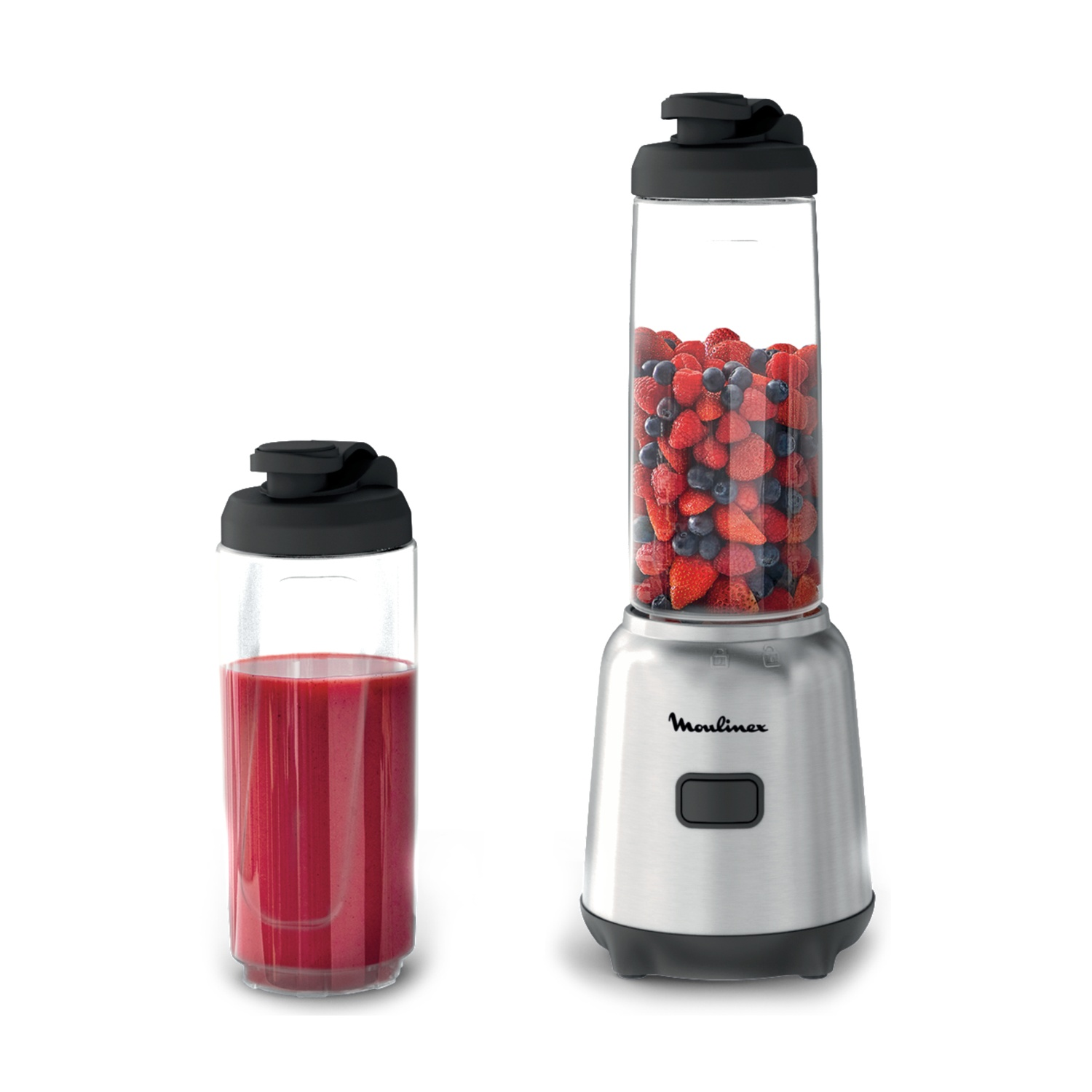 Un frullatore con due tazze: una con succo rosso, l'altra con bacche.
