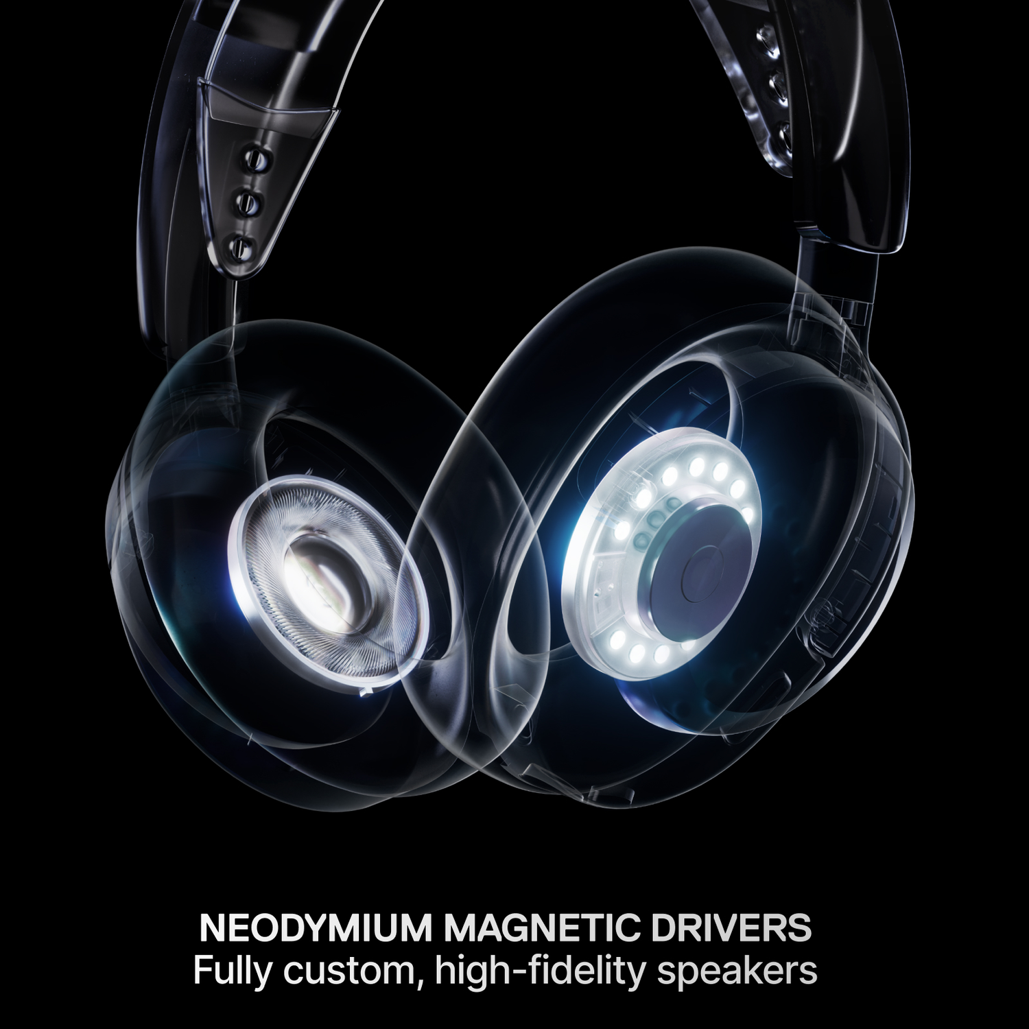 Transparent headphones with illuminated drivers on a black background.
