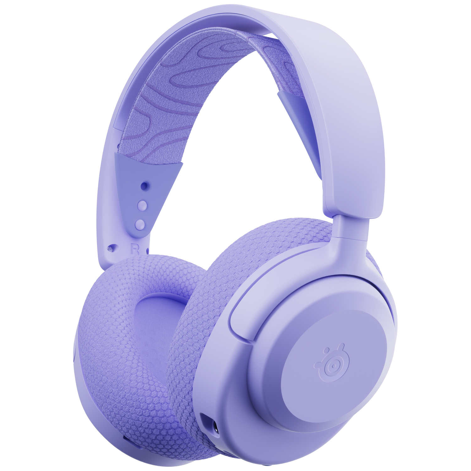 Lavender colored headphones with padded earcups and an adjustable headband.