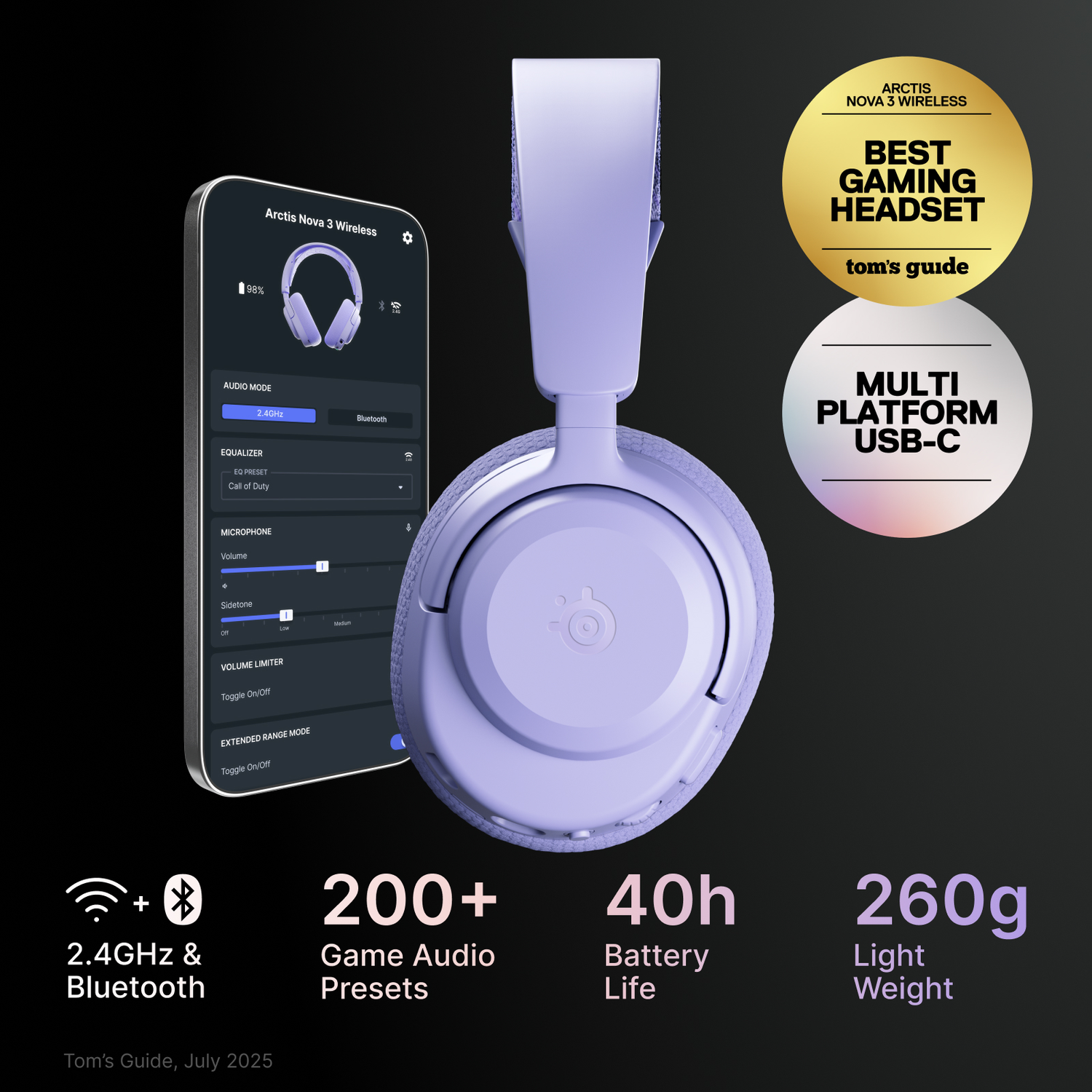 A purple headset with smartphone app controls, 200+ presets, 40h battery, 260g.