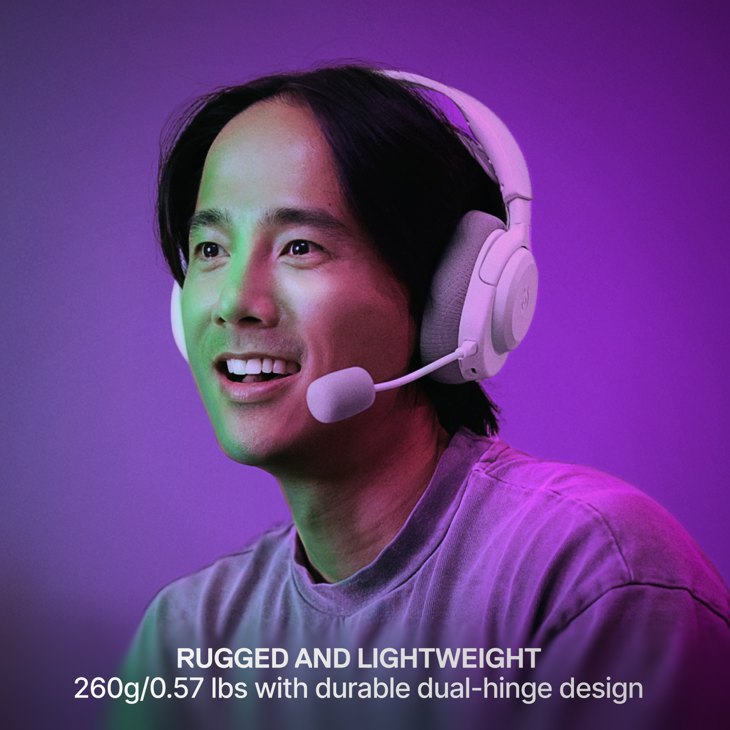 Man wearing white headphones with mic against a purple-green background.