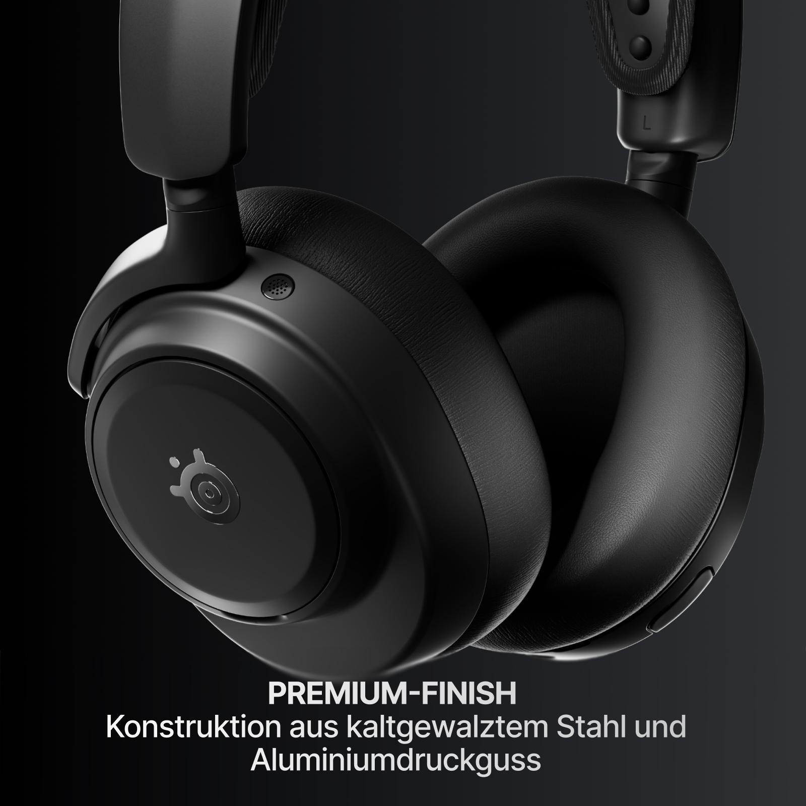 Schwarze Kopfhörer mit Lederoberfläche und SteelSeries-Logo.