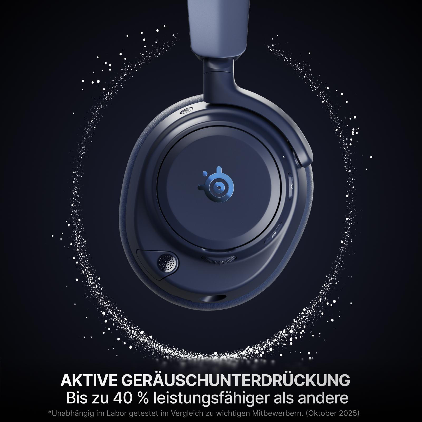 Dunkelblaue Kopfhörer mit aktivem Geräuschunterdrückungseffekt, dargestellt mit weißen Partikeln.