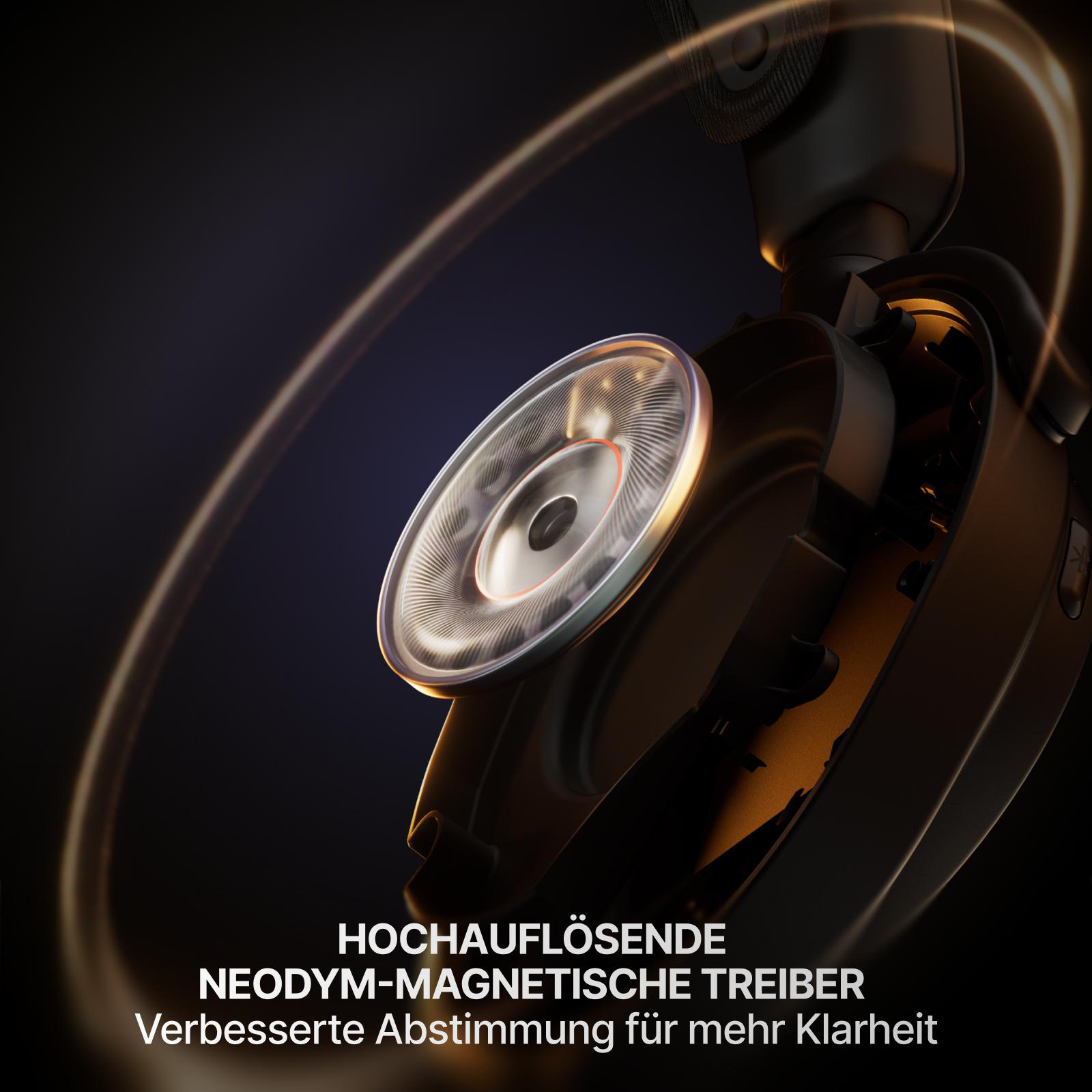 Nahaufnahme eines Kopfhörers mit Fokus auf den Treiber. Text: HOCHAUFLÖSENDE NEODYM-MAGNETISCHE TREIBER.