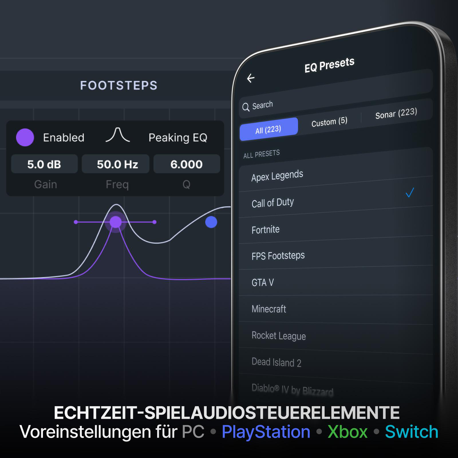 EQ-Einstellungen für Spiele mit Voreinstellungen wie Apex Legends und Call of Duty.