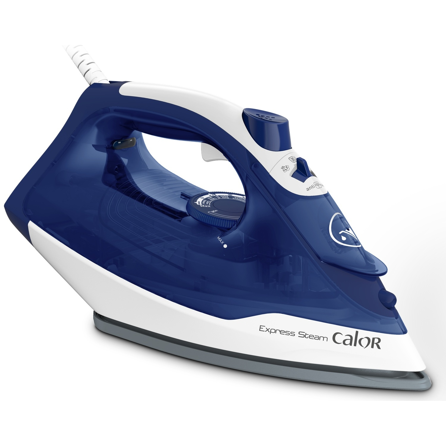 Blue and white steam iron with cord and water tank.