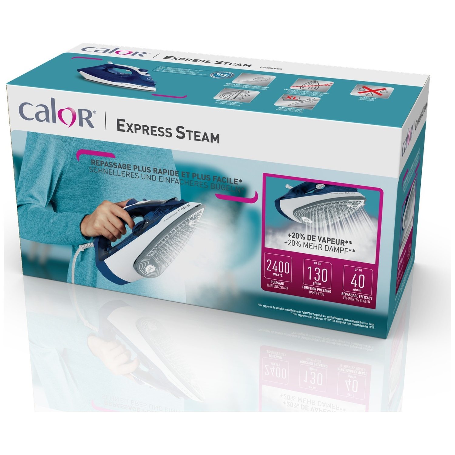 Packaging of a blue and white Calor Express steam iron with steam function.