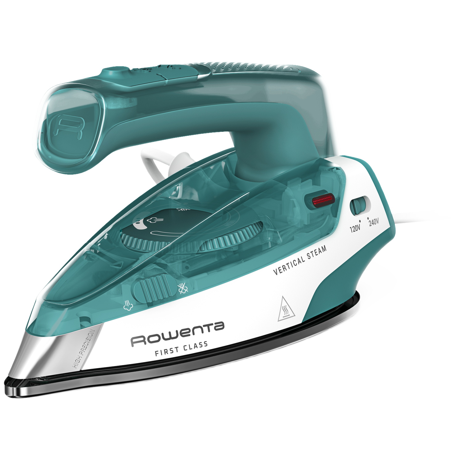 Un fer à vapeur turquoise avec des accents blancs et une pointe chromée sur fond noir.