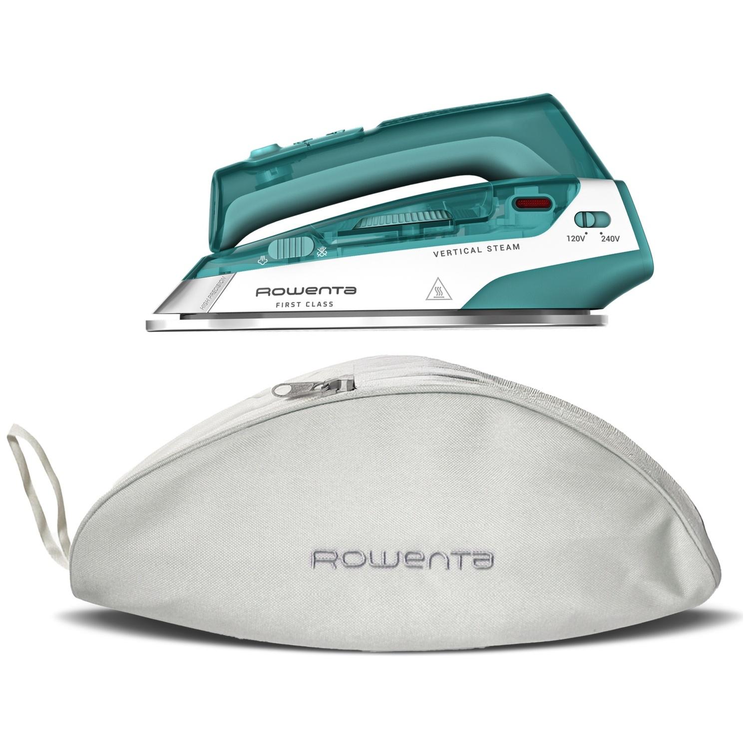 Un fer à vapeur turquoise et un sac de rangement blanc.