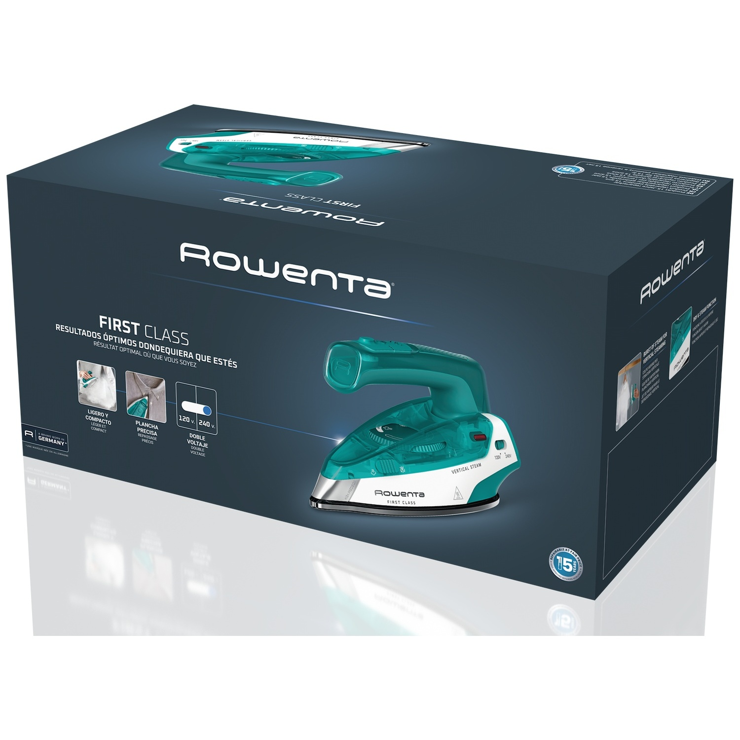 Emballage de fer Rowenta montrant un fer turquoise avec détails textuels.