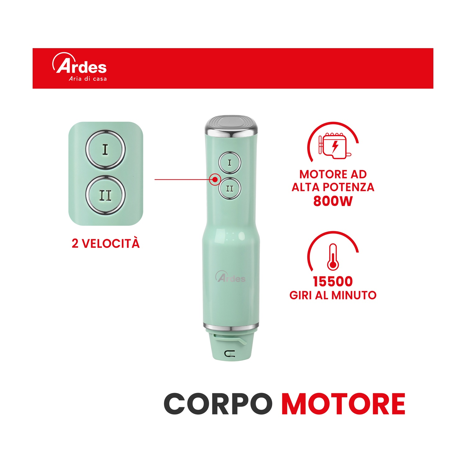 Un frullatore ad immersione verde menta con due velocità e 800W.