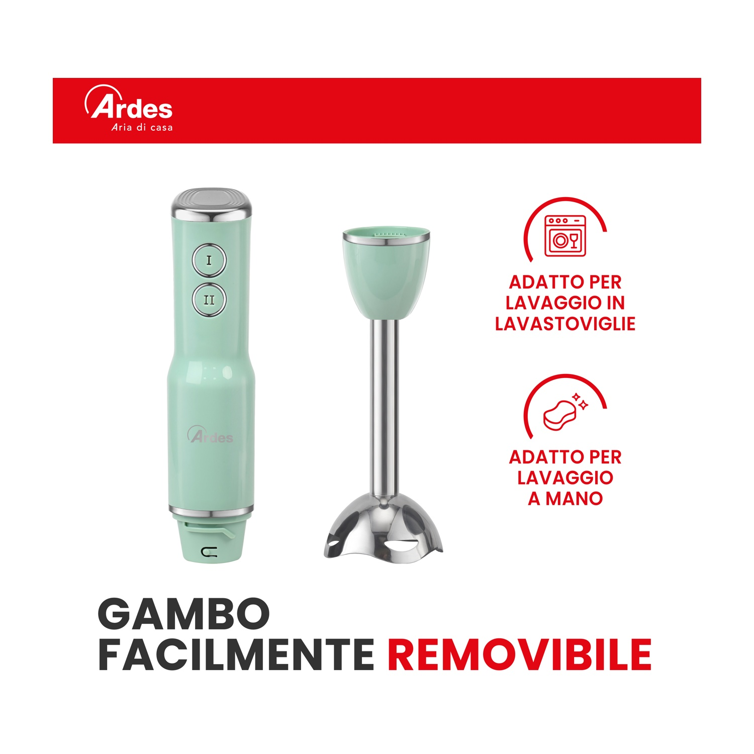 Un frullatore a immersione verde con accenti argento, gambo rimovibile e icone per lavastoviglie e lavaggio a mano.