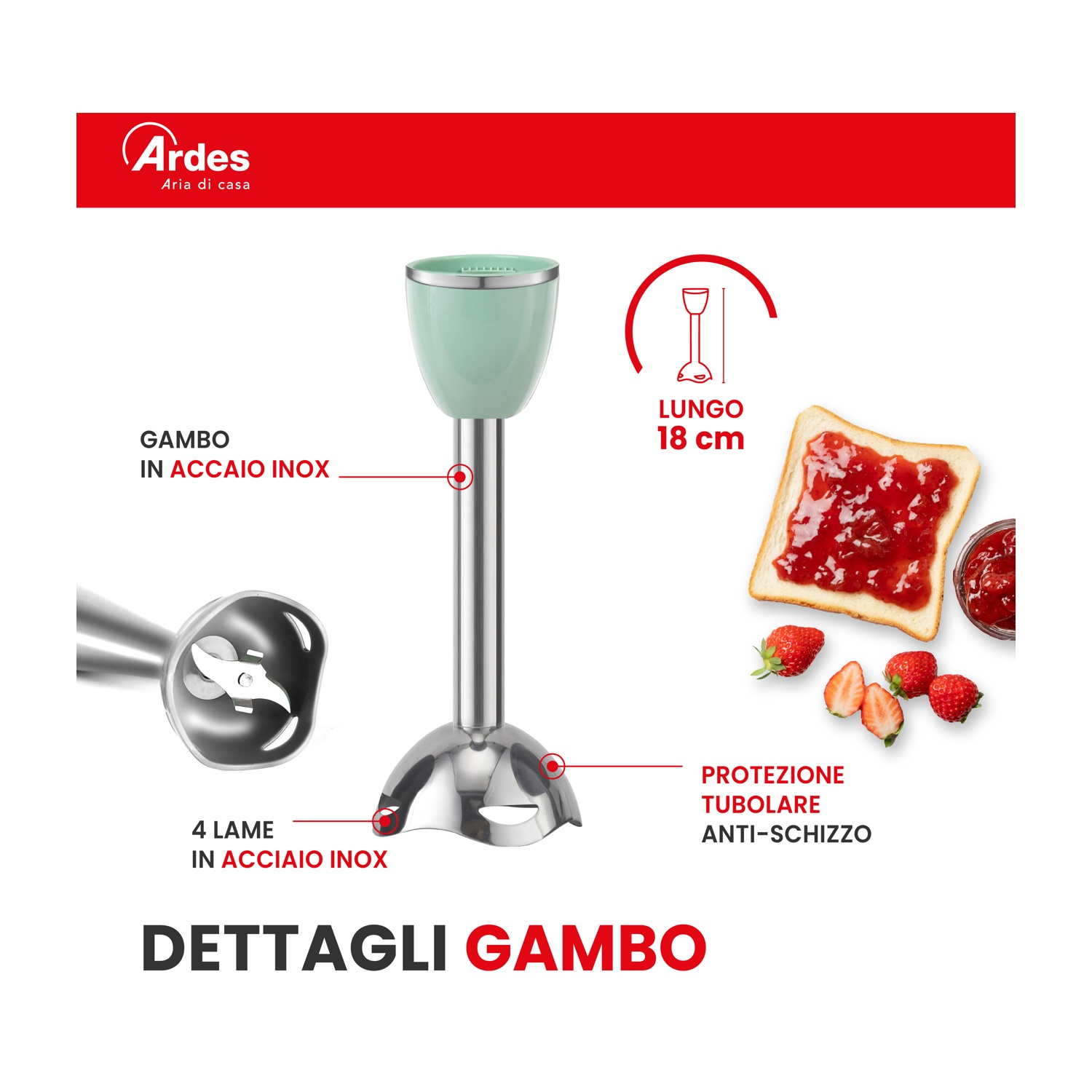 Un frullatore ad immersione con gambo in acciaio inox, 4 lame, lungo 18 cm.