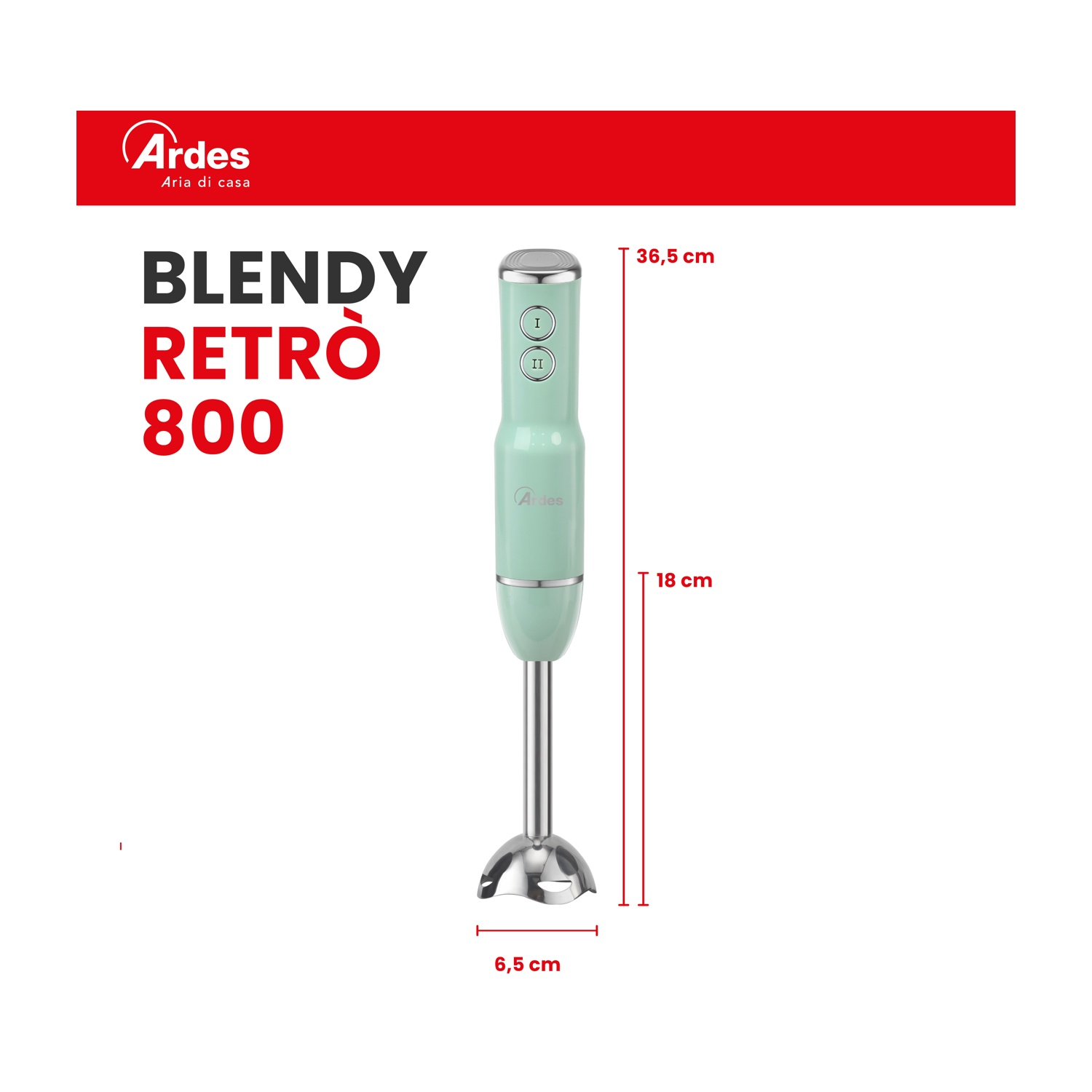 Frullatore ad immersione Ardes Blendy Retro 800 verde menta con base e pulsanti argento.
