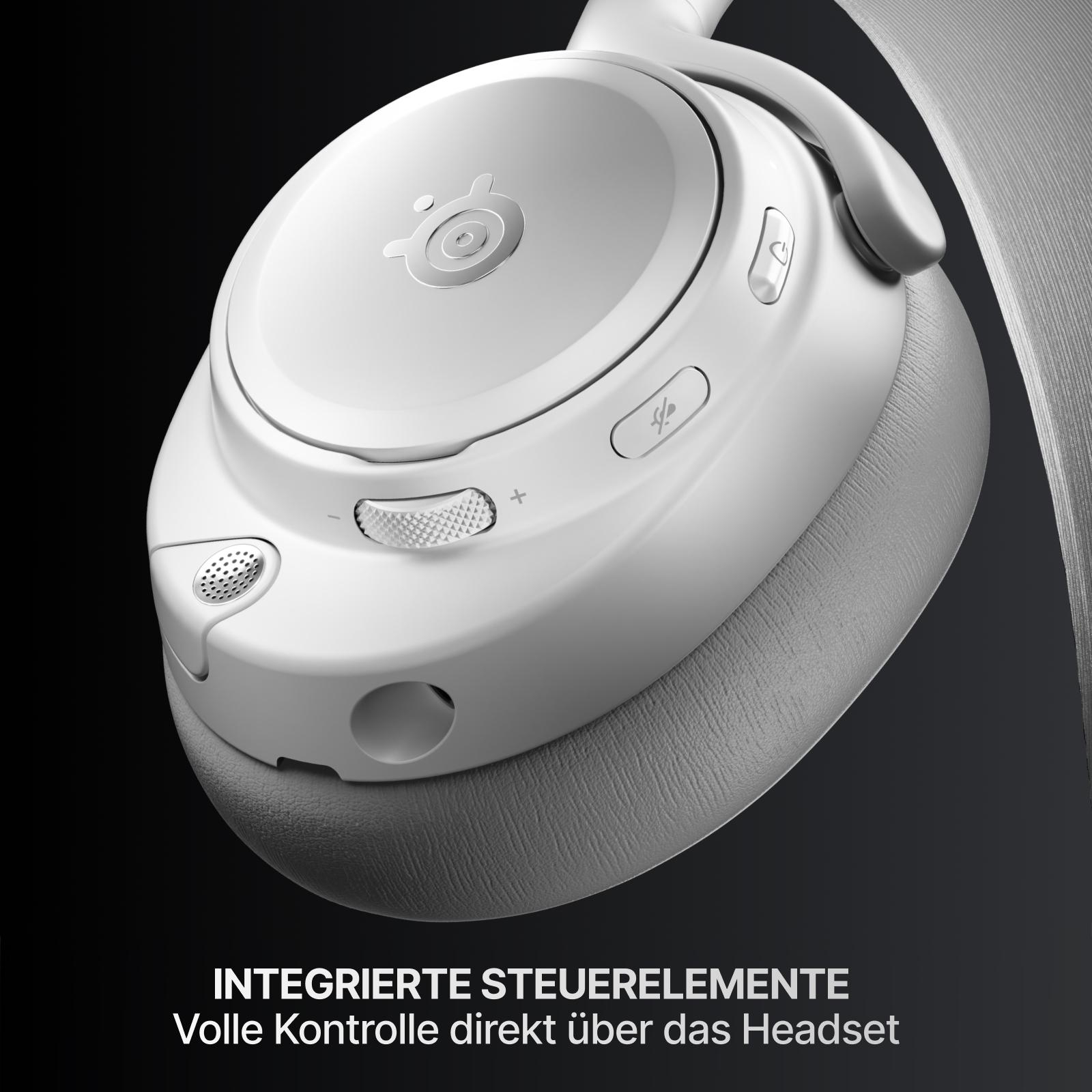Weiße Over-Ear-Kopfhörer mit Lautstärkeregler und Mikrofon-Stummschalttaste.