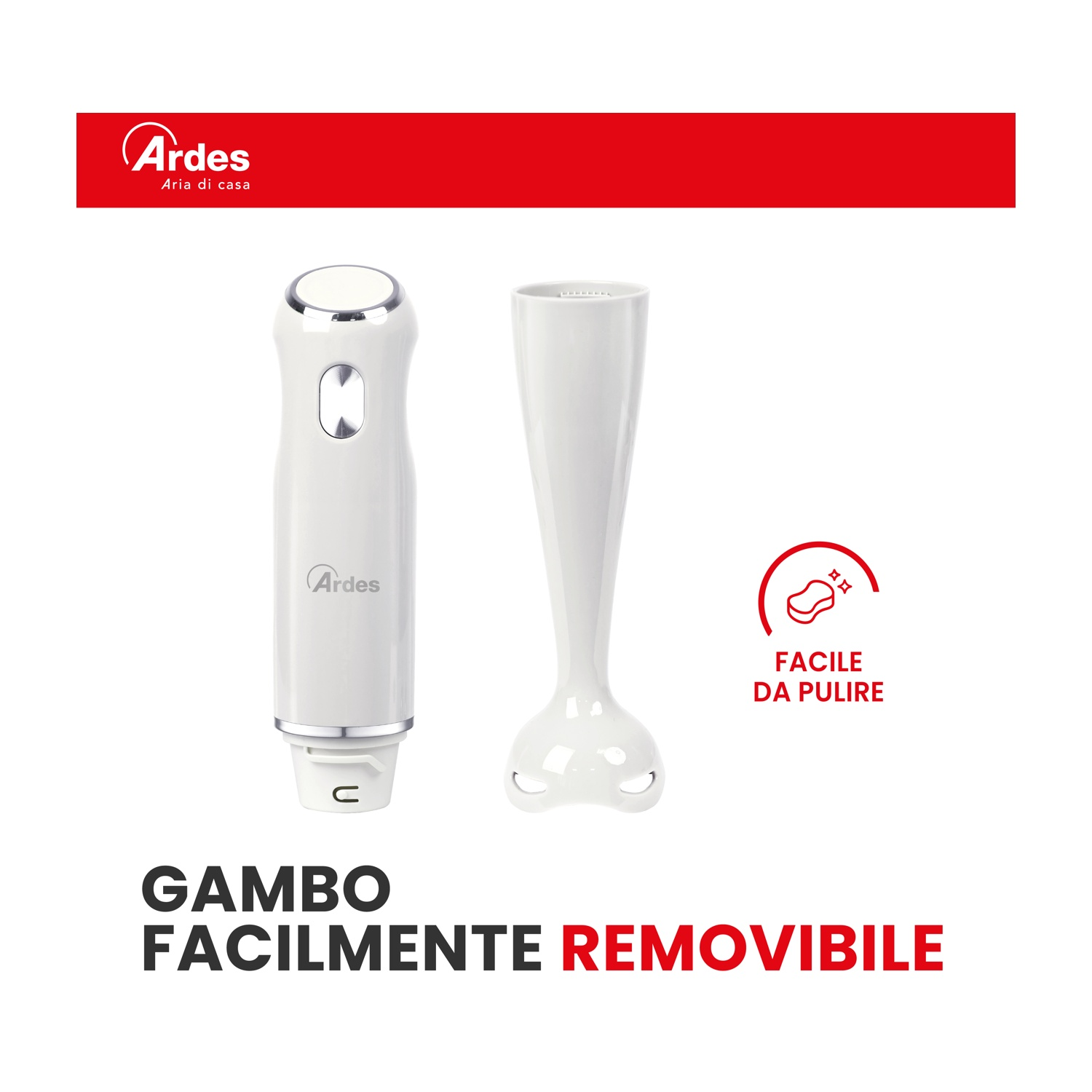 Frullatore a immersione bianco con gambo rimovibile e icona pulizia.
