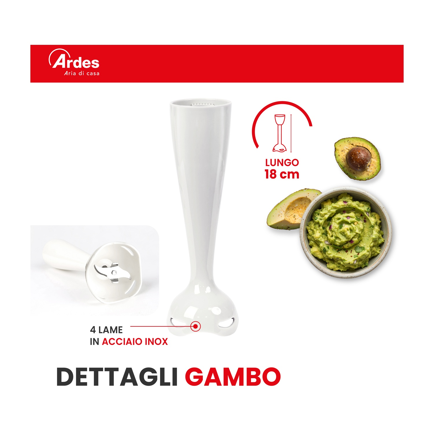 Frullatore a immersione bianco con 4 lame in acciaio inox, lungo 18 cm, vicino a guacamole e avocado.