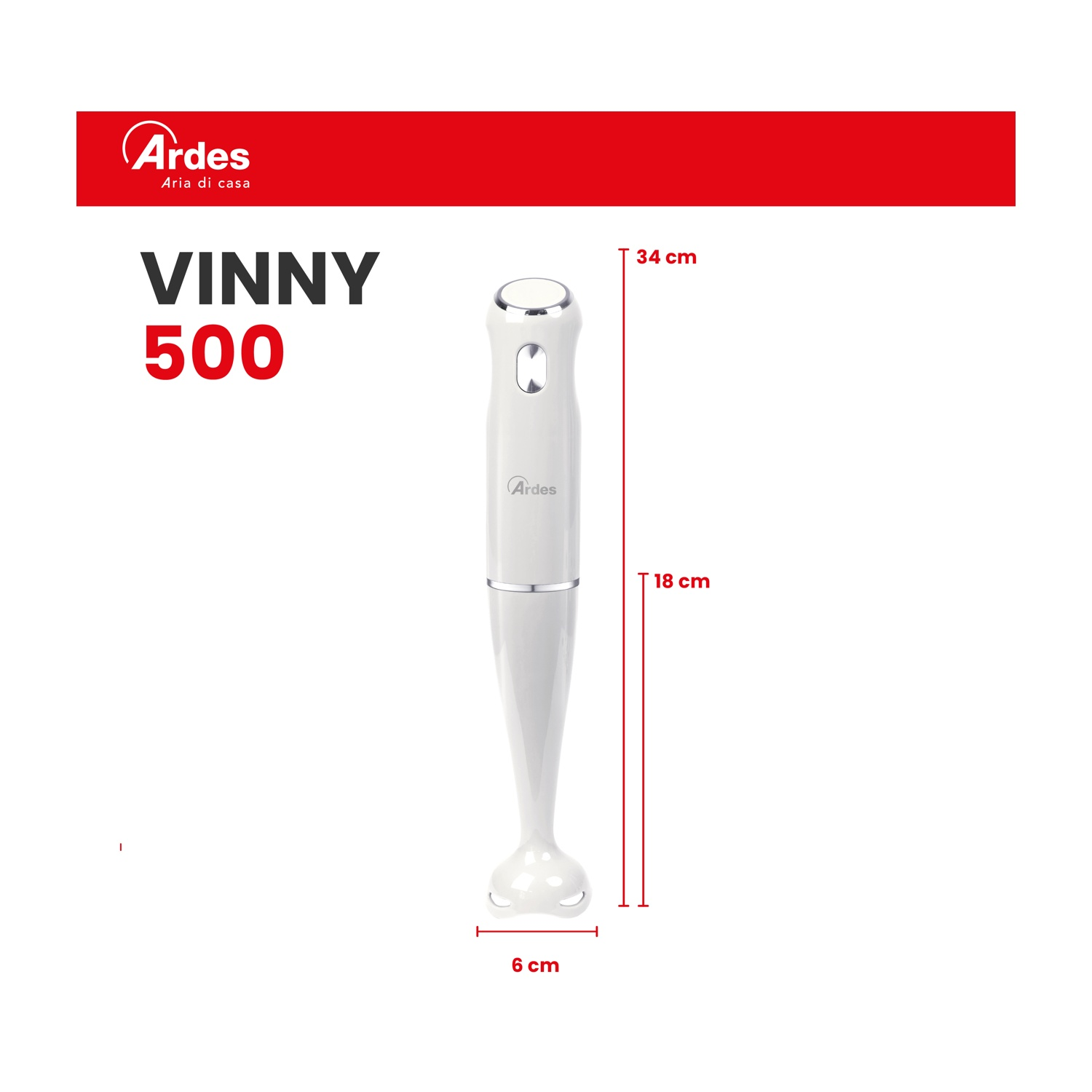 Un frullatore a immersione bianco Ardes Vinny 500 con dimensioni.