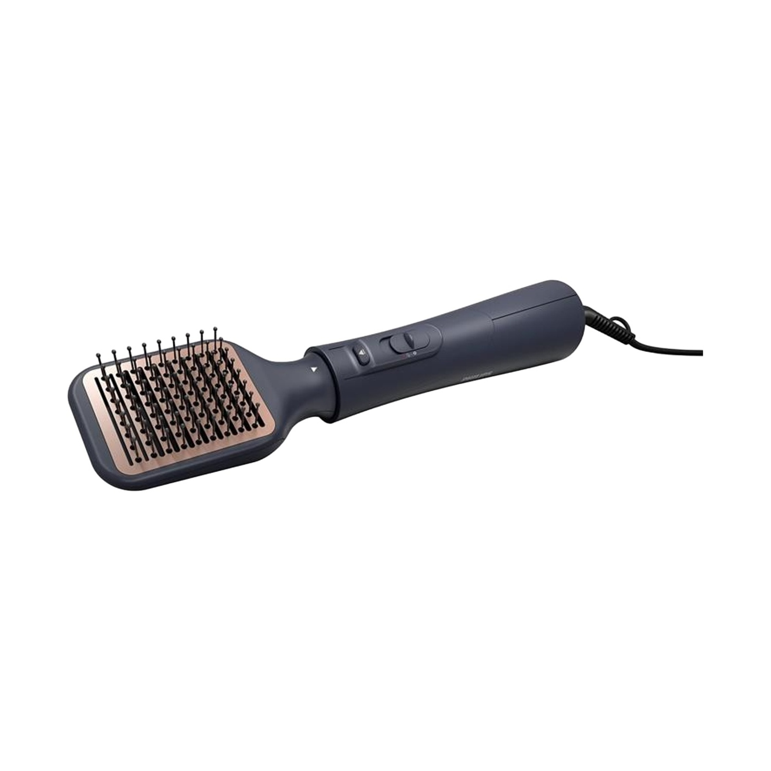 Spazzola per capelli grigio scuro con accenti oro rosa e cavo nero.