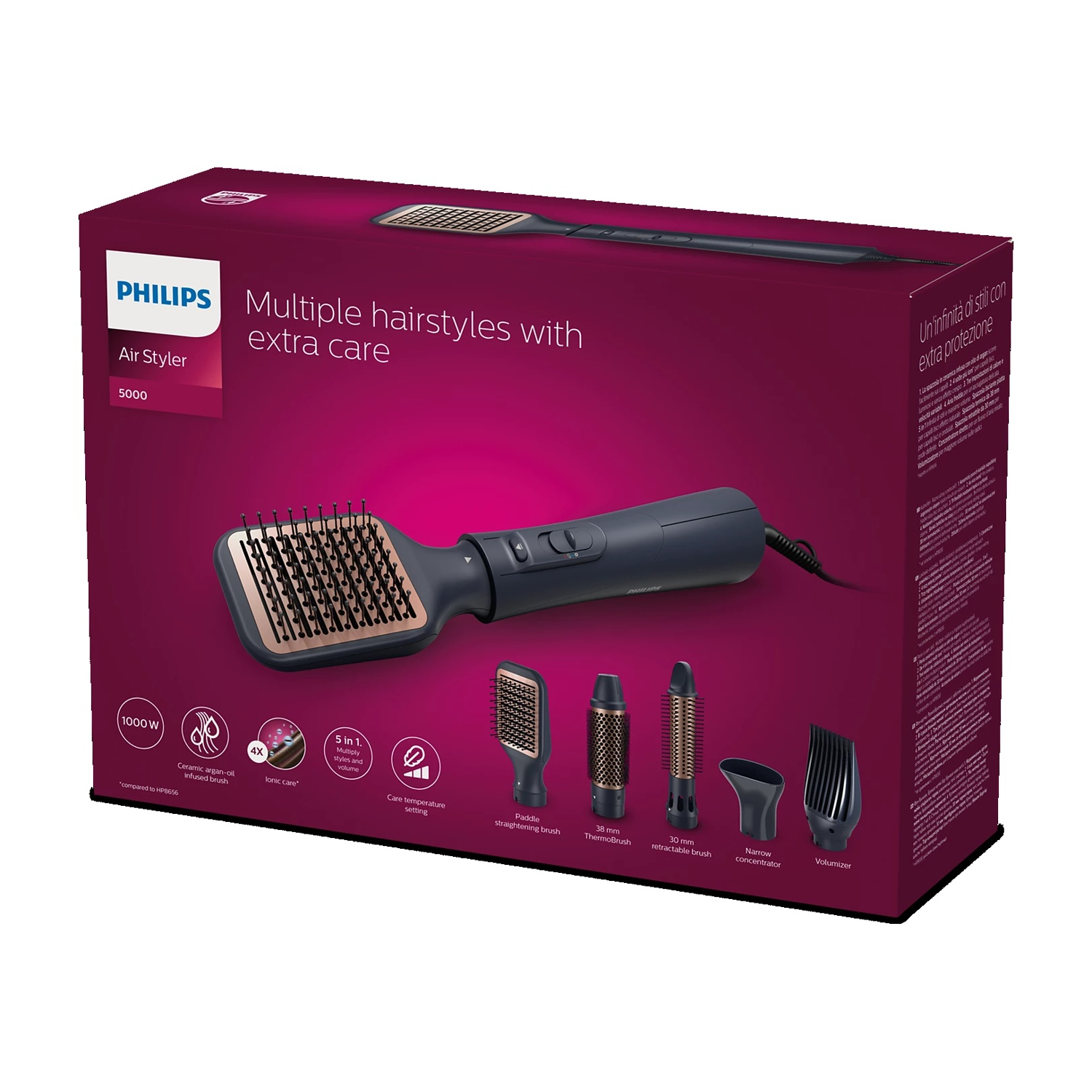 Scatola del prodotto Philips Air Styler 5000 con styler e accessori.