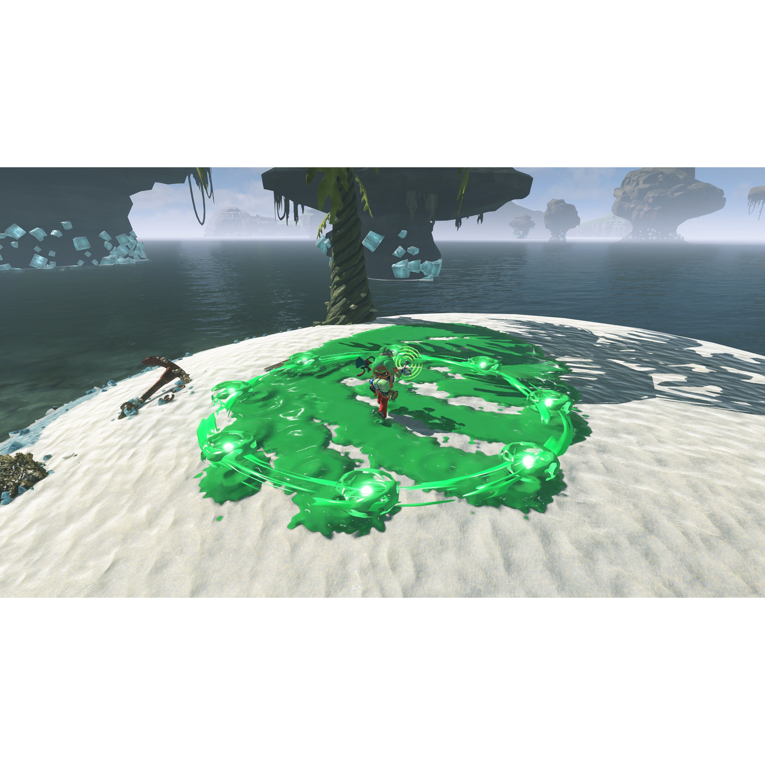 Un personaggio si trova su un'isola sabbiosa, circondato da energia verde brillante.