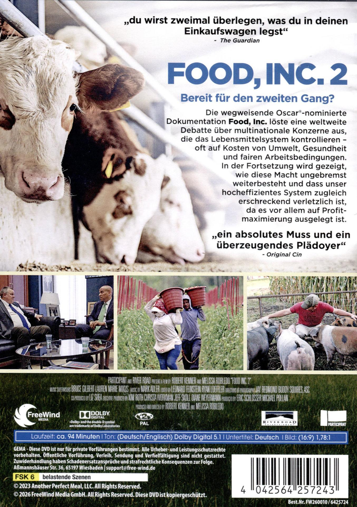 Filmplakat: Kühe, Männer im Anzug, Landarbeiter, Schweine. Titel: FOOD, INC. 2.